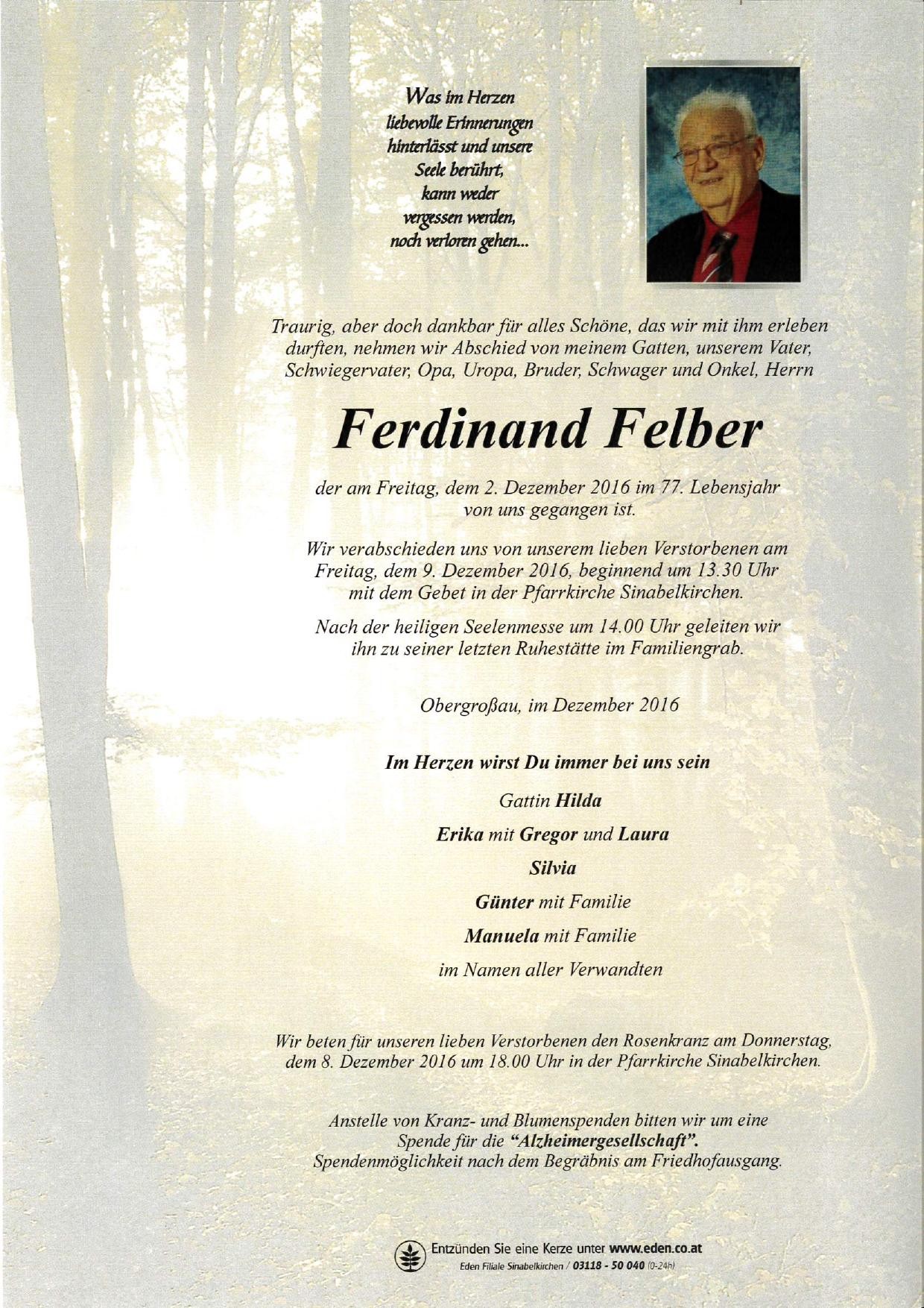 Traueranzeige von Ferdinand Felber