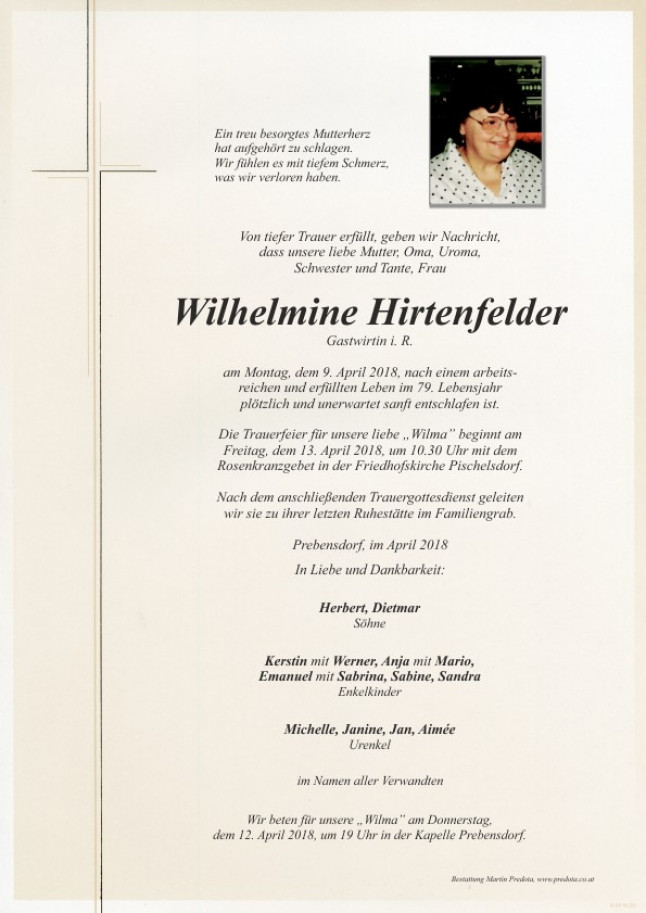 Traueranzeige von Wilhelmine Hirtenfelder