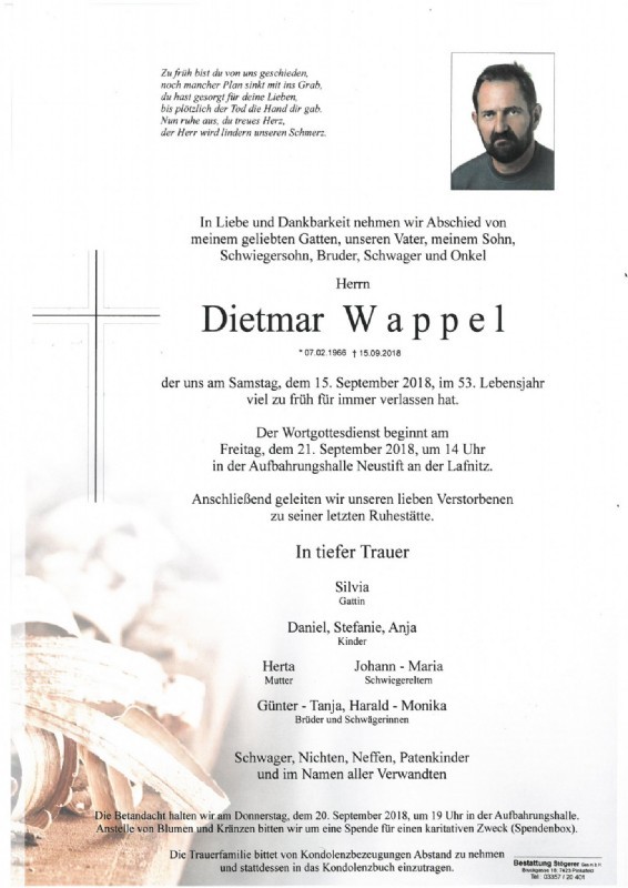 Traueranzeige von Dietmar Wappel