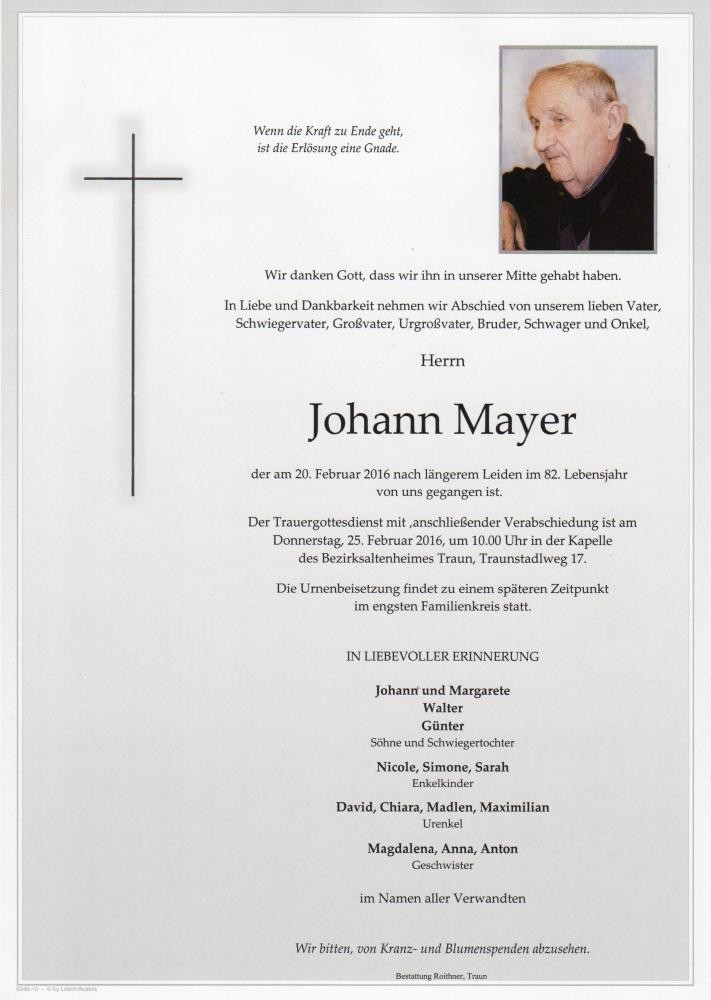 Traueranzeige von Johann Mayer