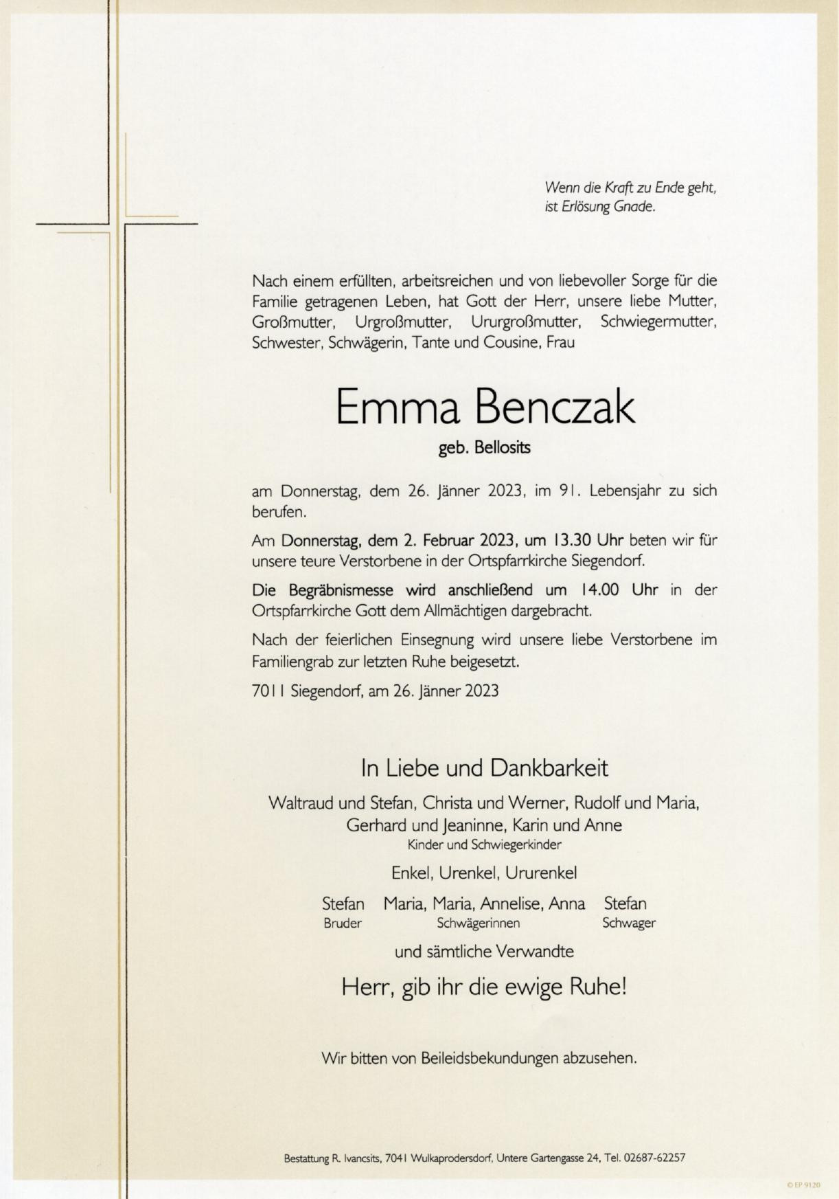 Traueranzeige von Emma Benczak