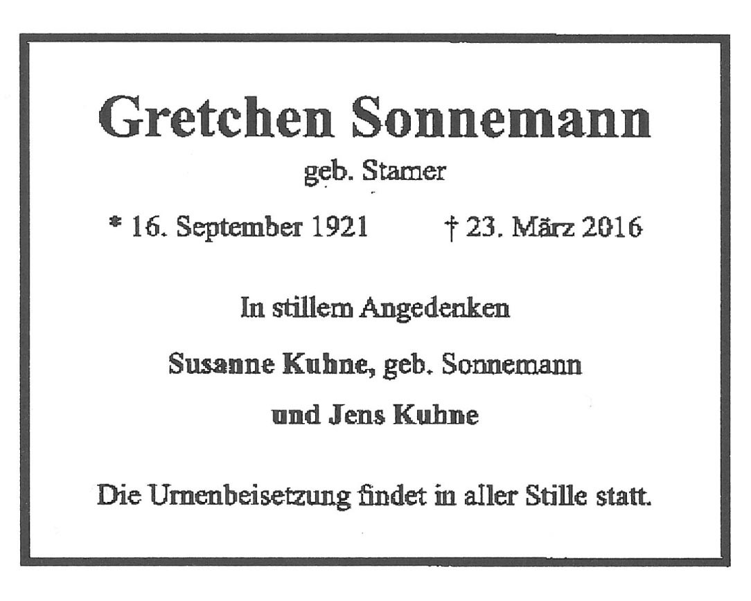 Traueranzeige von Gretchen Sonnemann