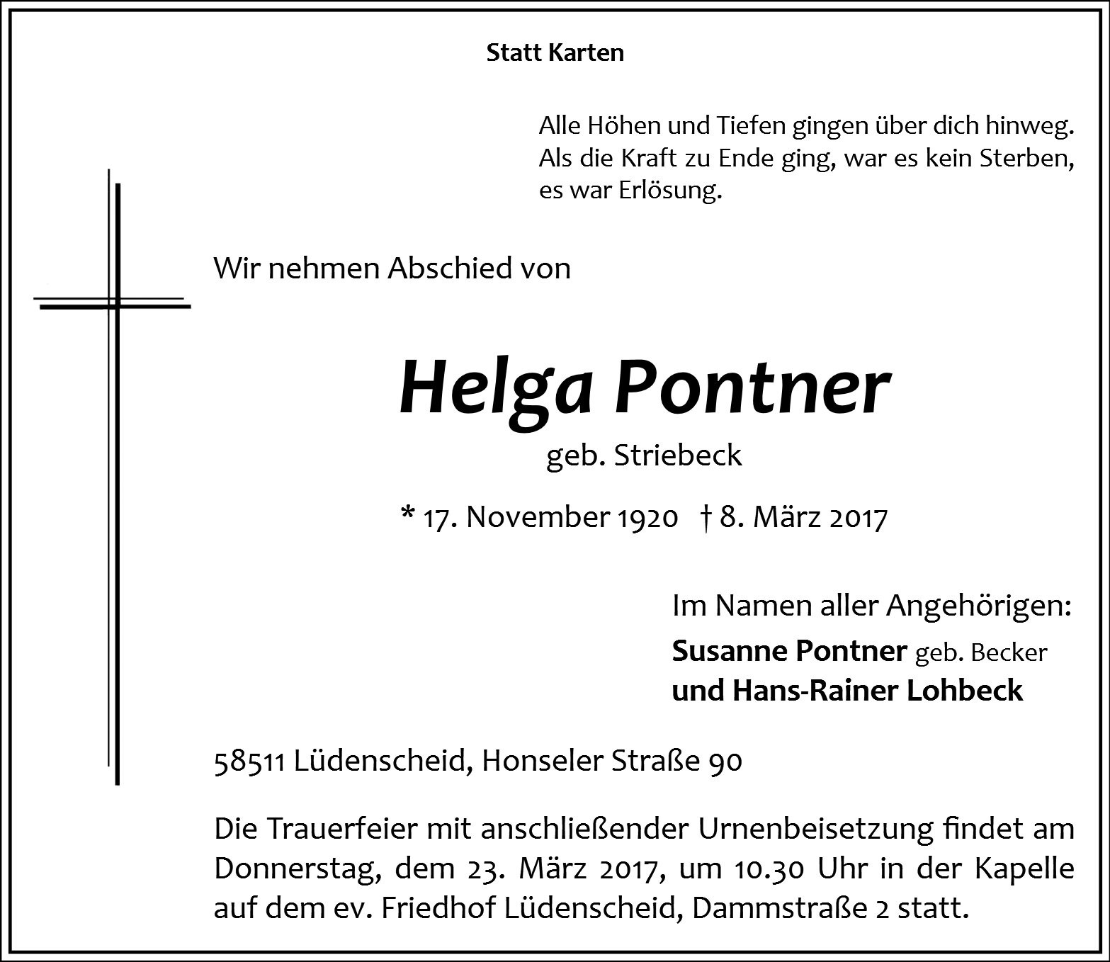 Traueranzeige von Helga Pontner