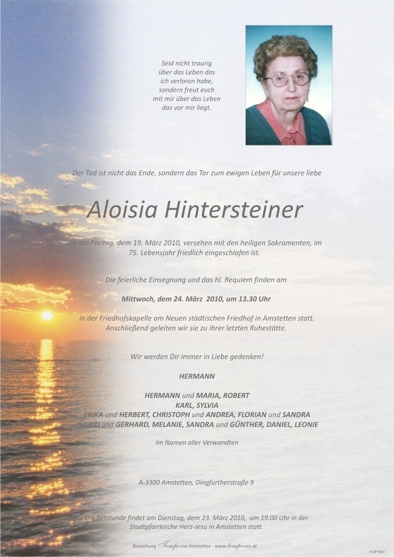Traueranzeige von Aloisia Hintersteiner