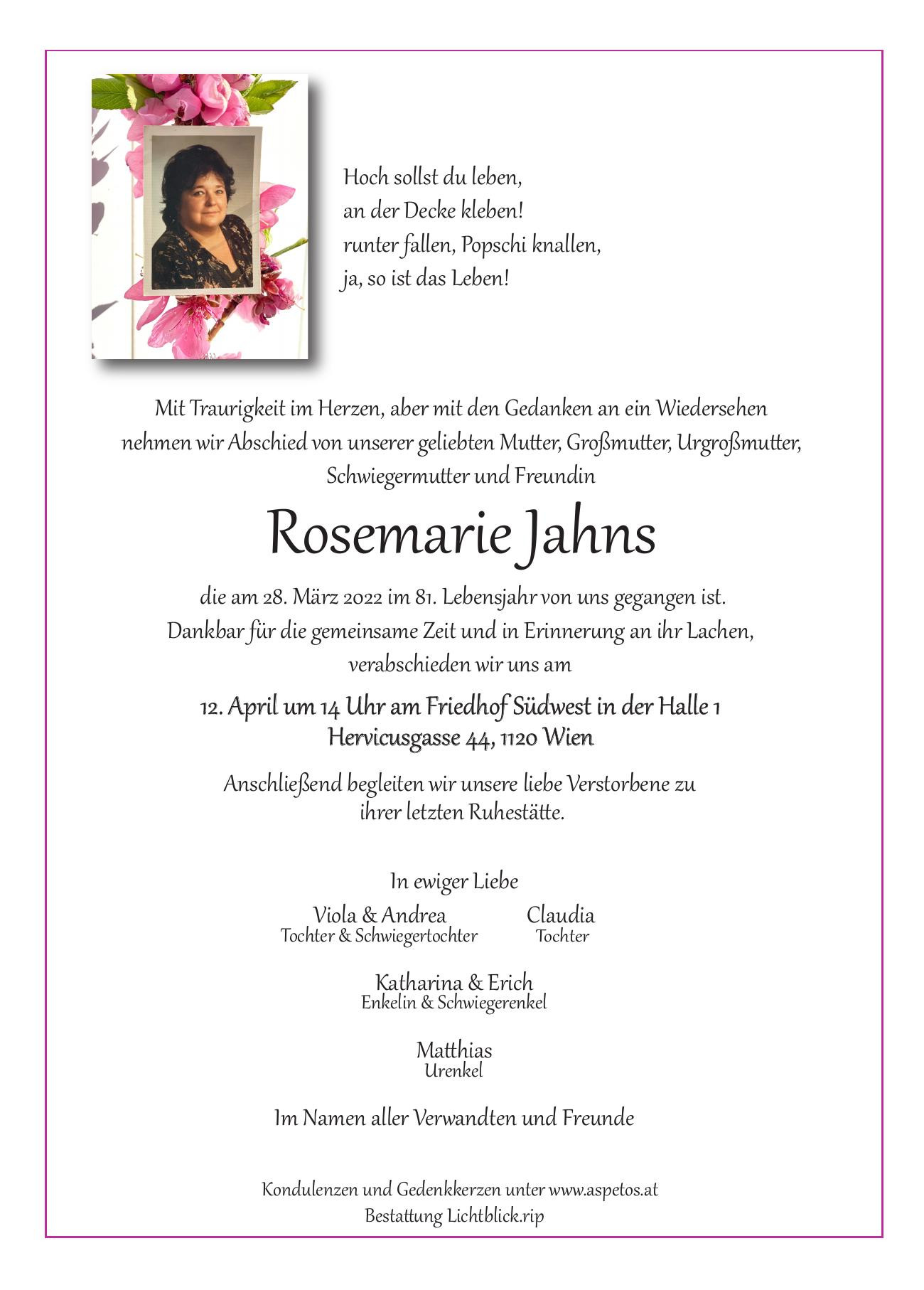 Traueranzeige von Rosemarie Jahns