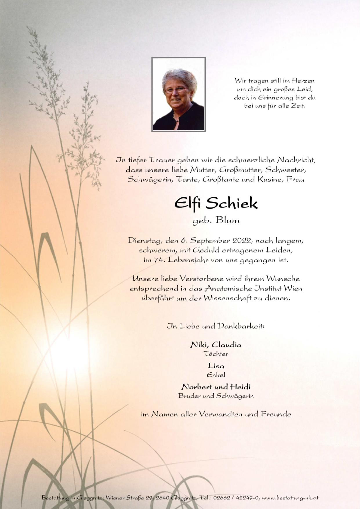 Traueranzeige von Elfriede Schiek