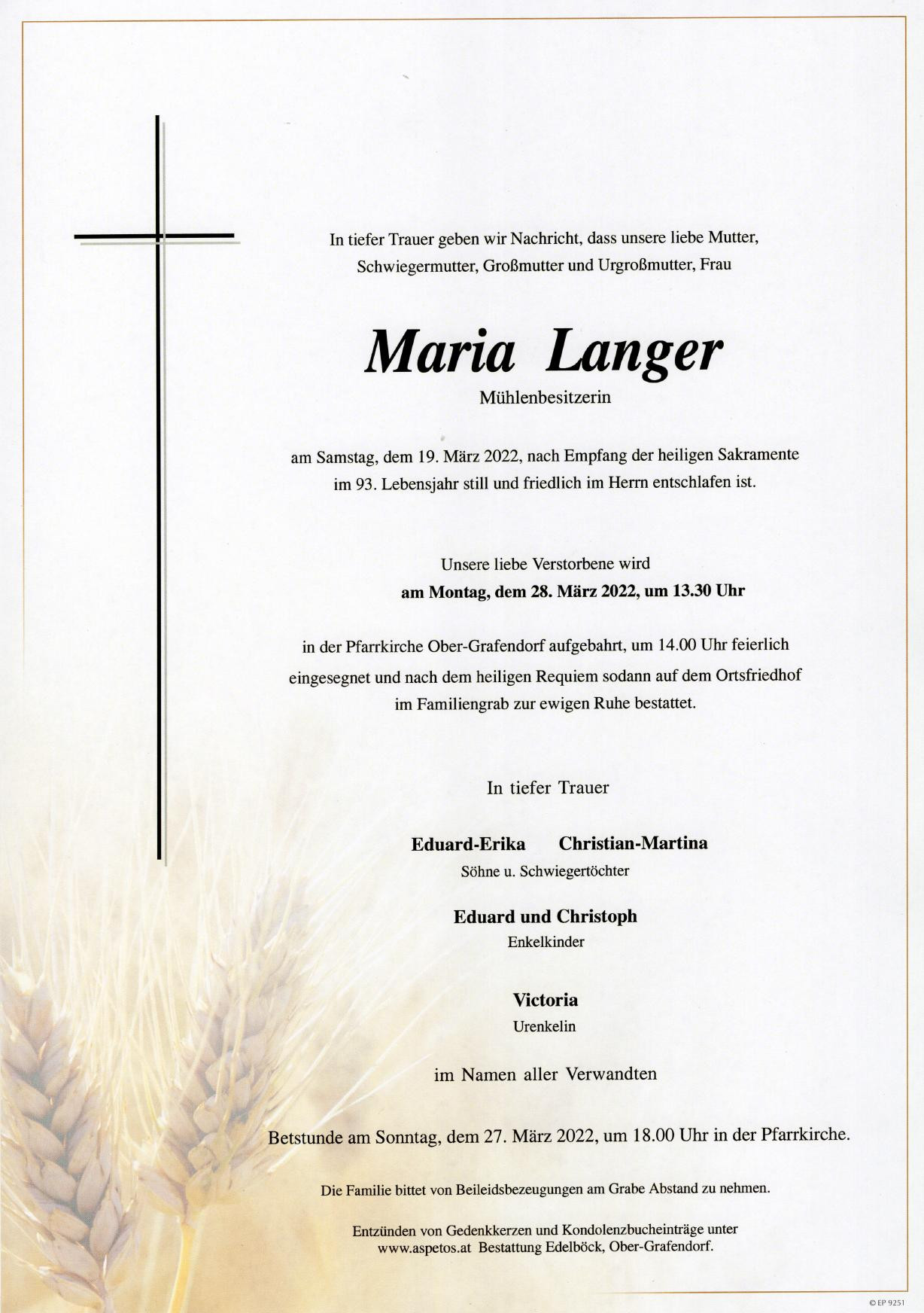 Traueranzeige von Maria Langer