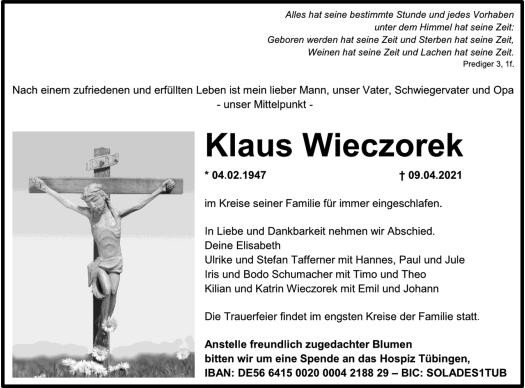 Traueranzeige von Klaus Wieczorek