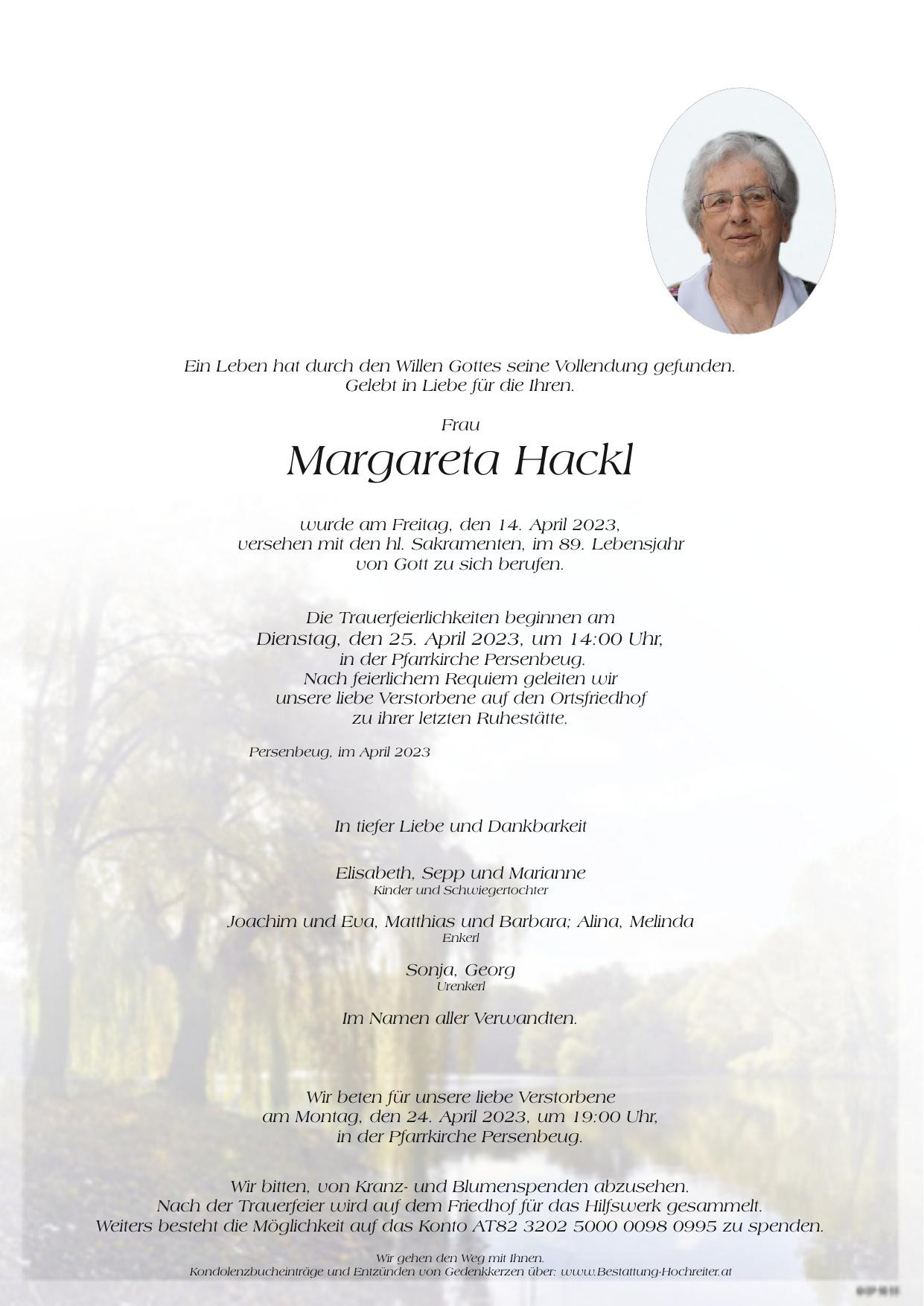 Traueranzeige von Margareta Hackl