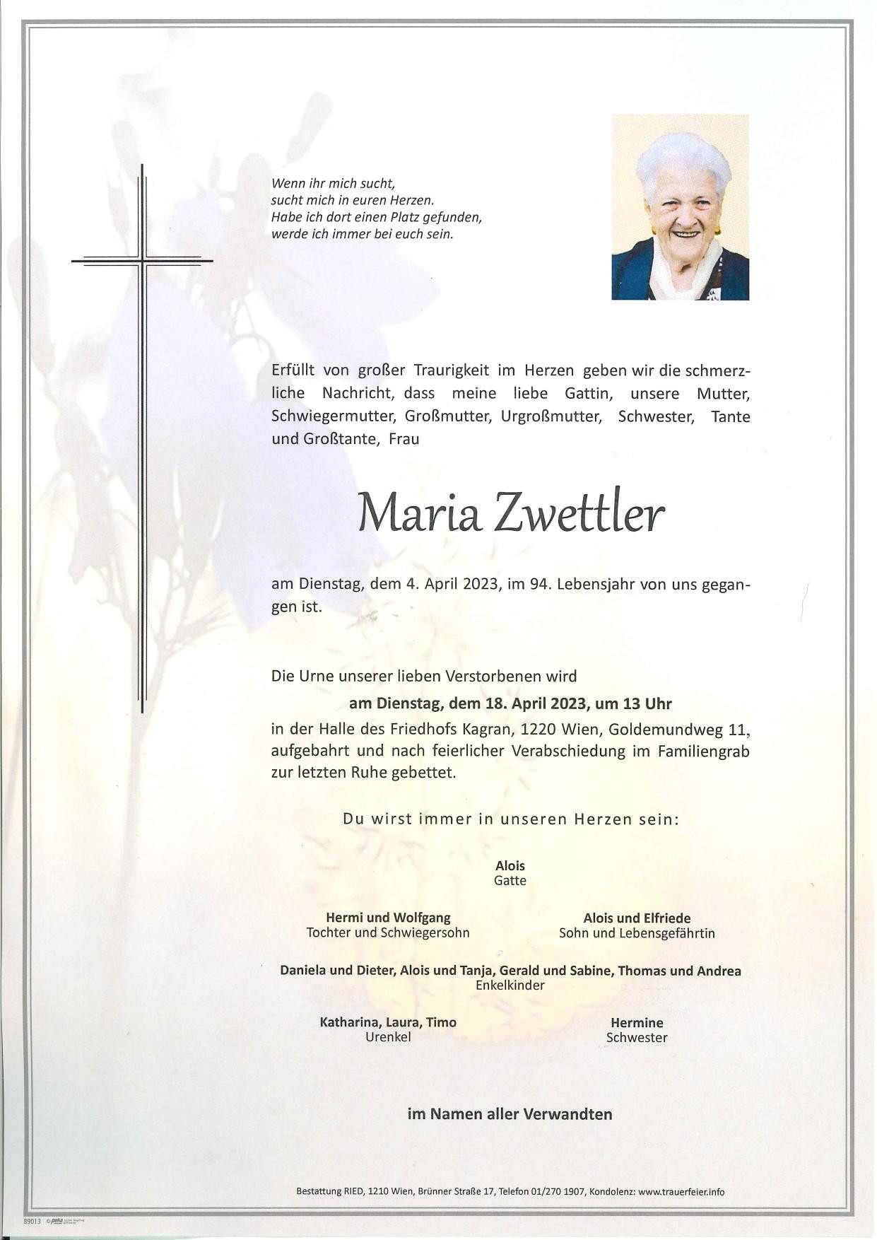 Traueranzeige von Maria Zwettler