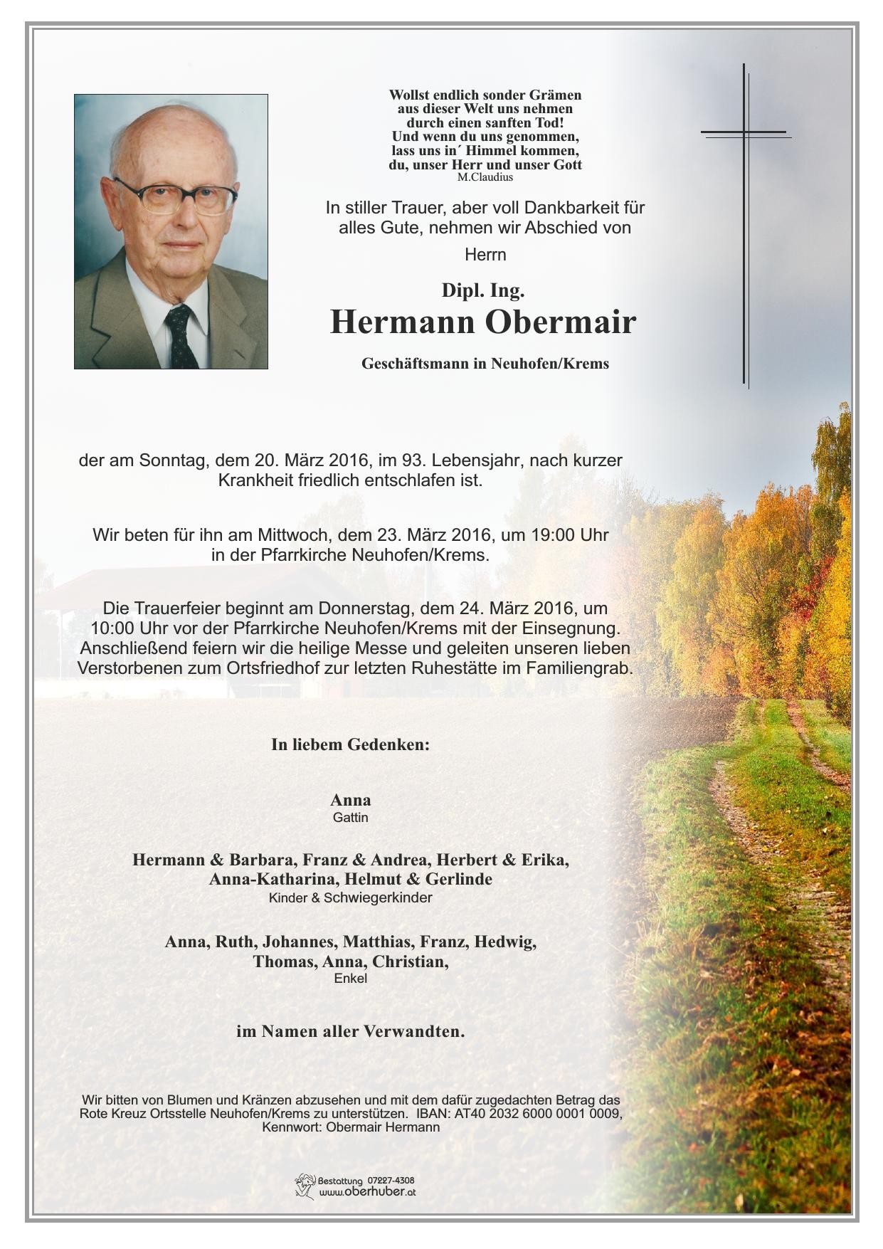 Traueranzeige von Dipl. Ing. Hermann Obermair