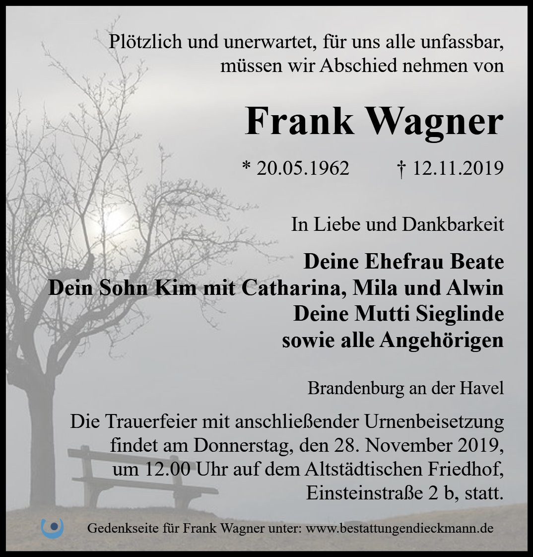 Traueranzeige von Frank Wagner