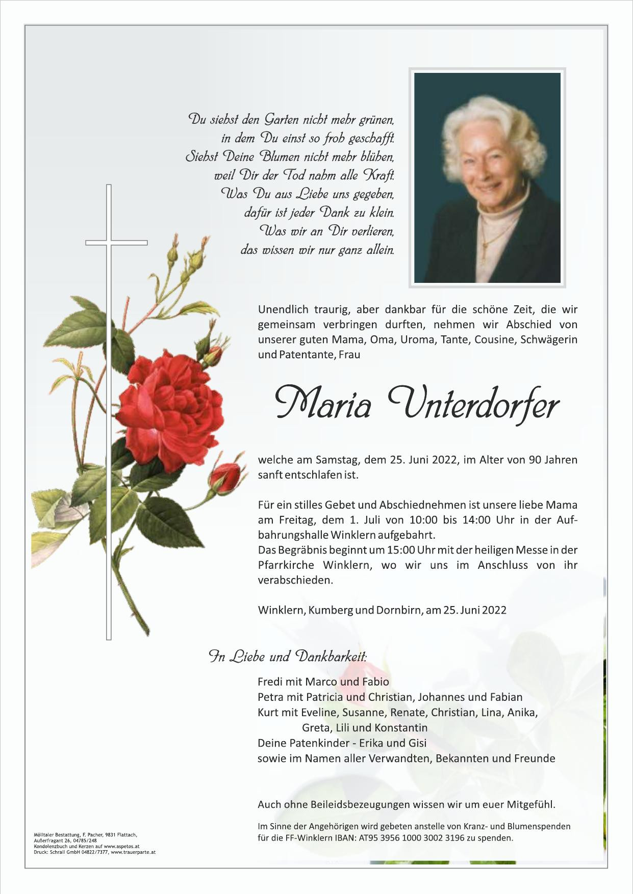 Traueranzeige von Maria Unterdorfer