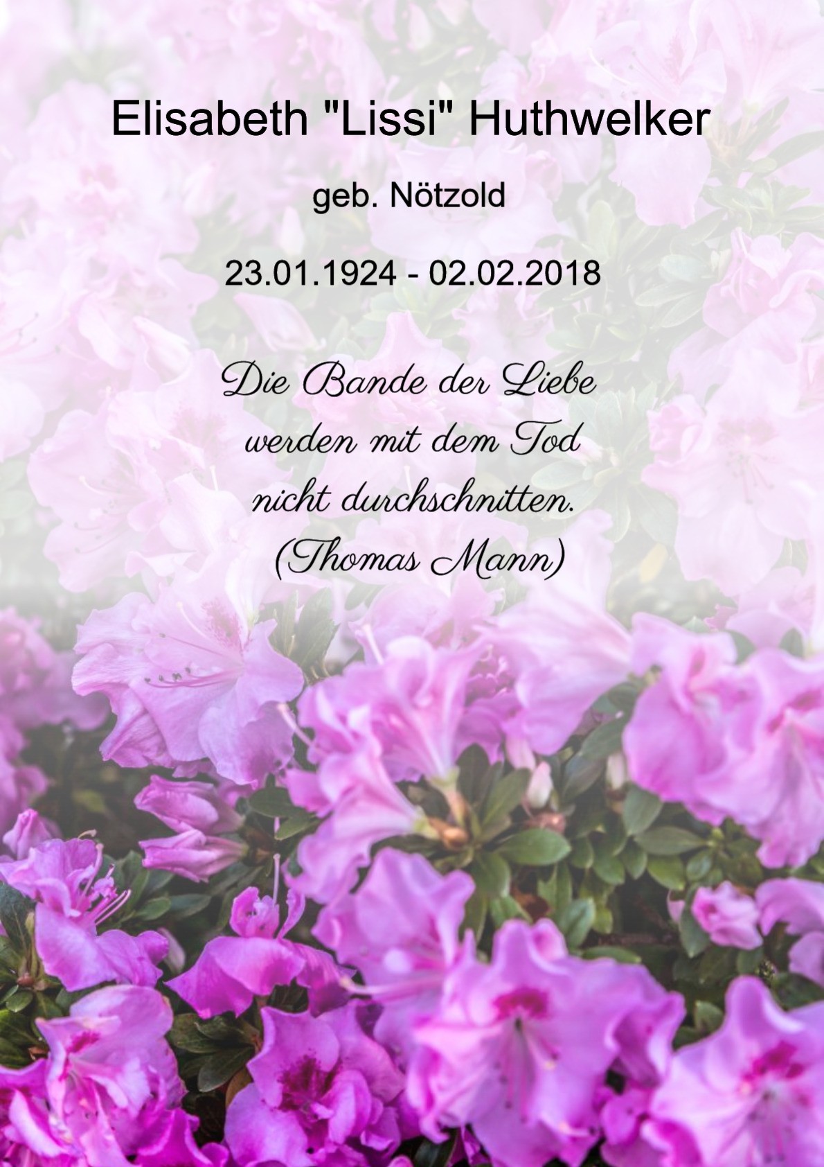 Traueranzeige von Elisabeth "Lissi" Huthwelker