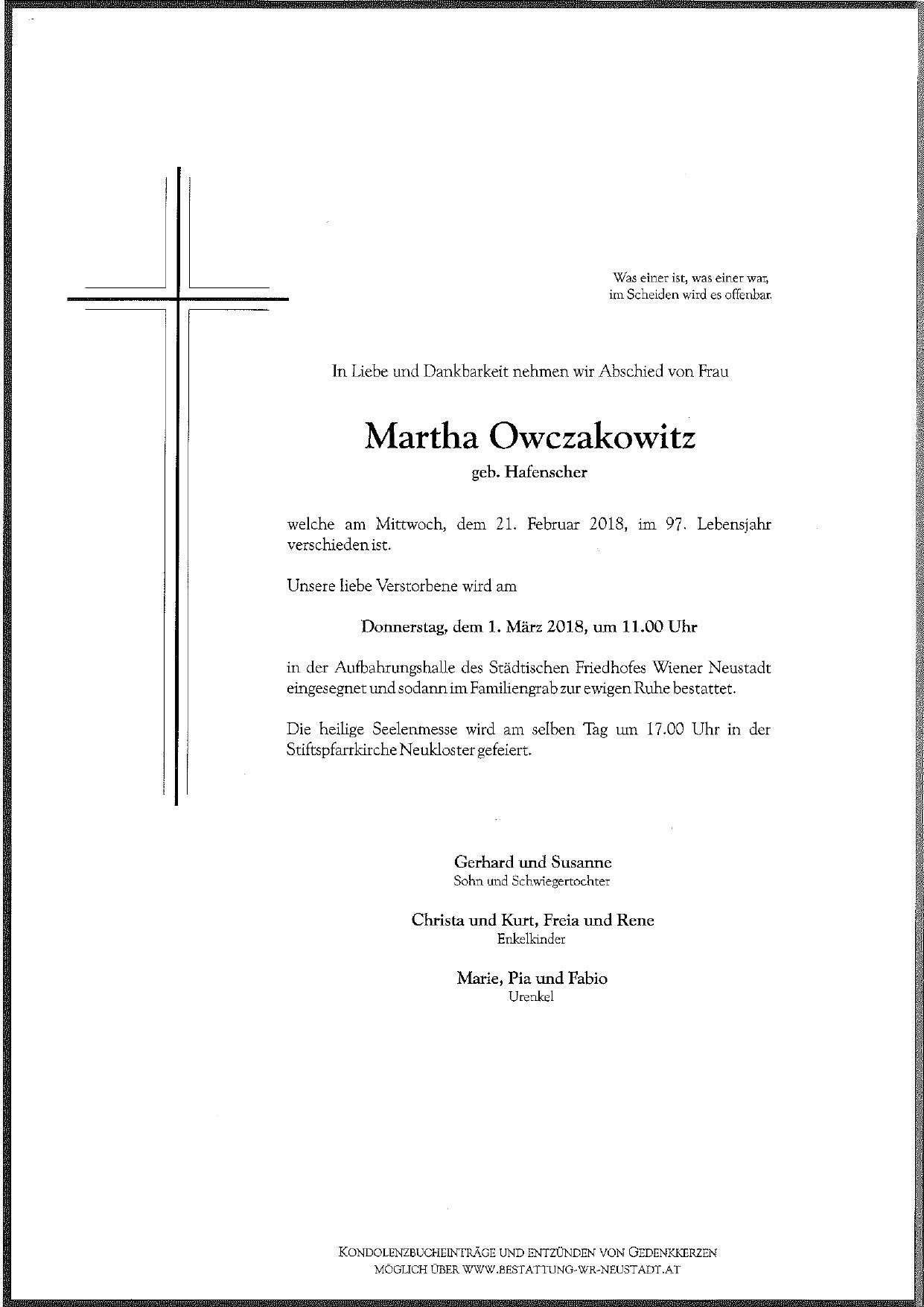 Traueranzeige von Martha Owczakowitz