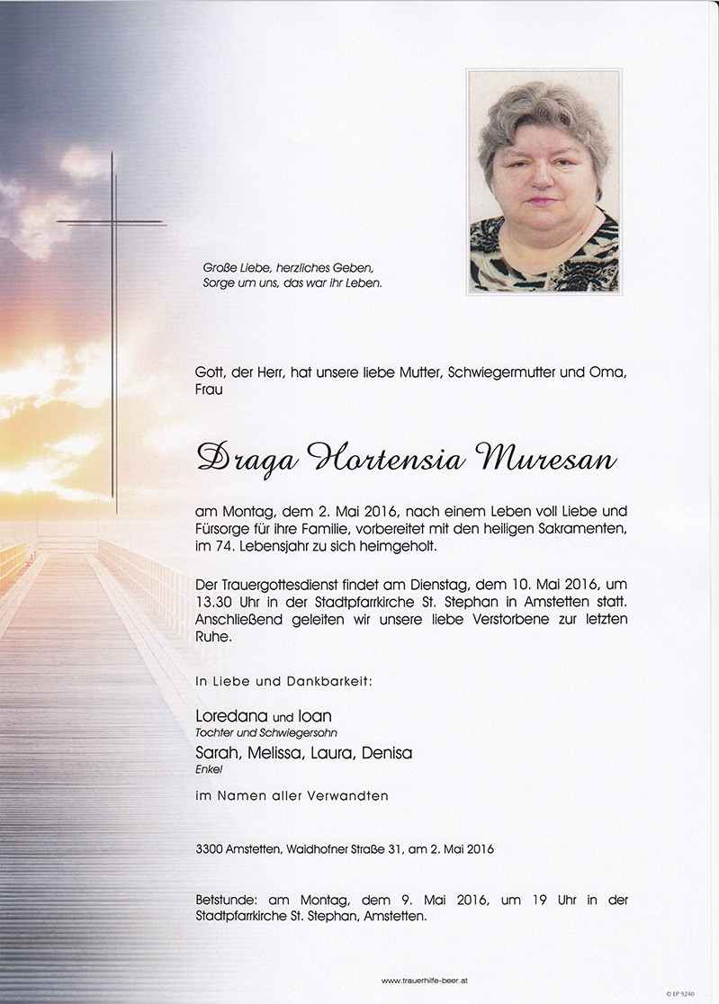 Traueranzeige von Draga Hortensia Muresan
