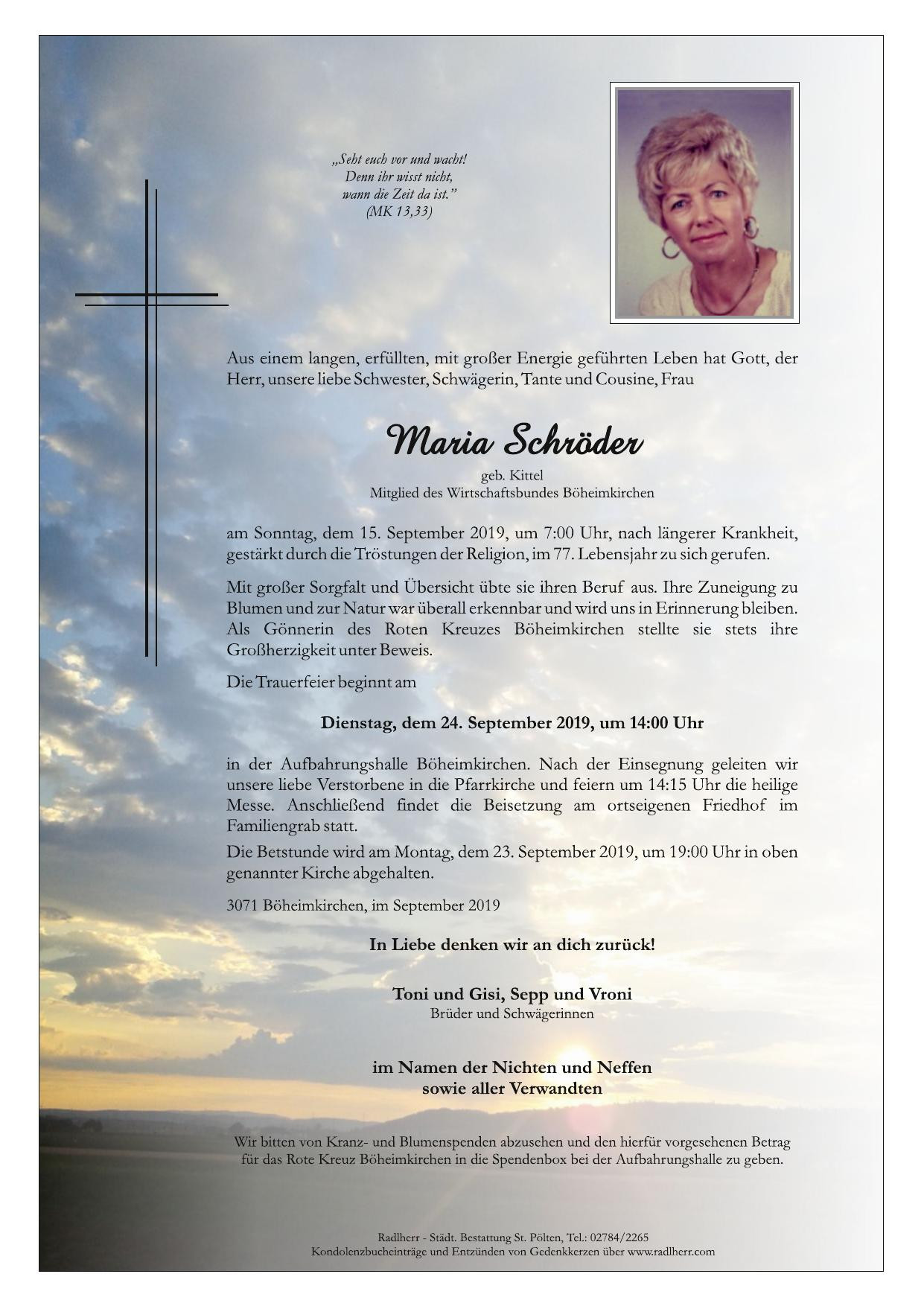 Traueranzeige von Maria Schröder