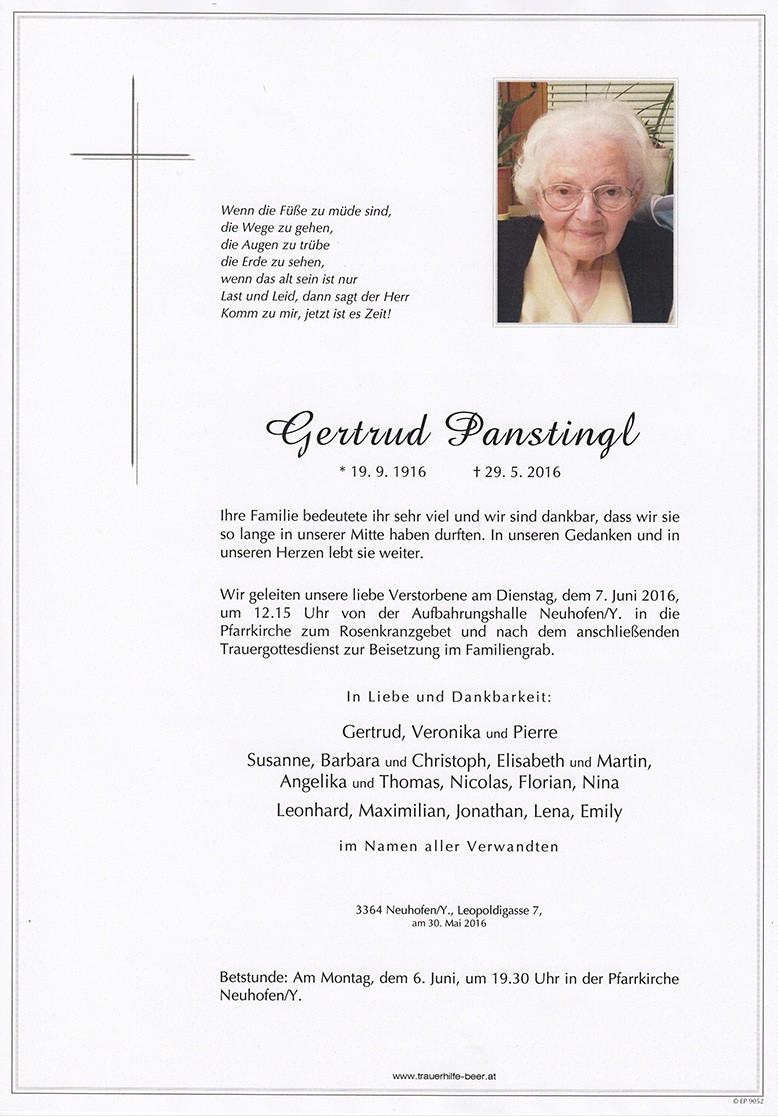Traueranzeige von Gertrud Panstingl