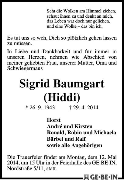 Traueranzeige von Sigrid Baumgart