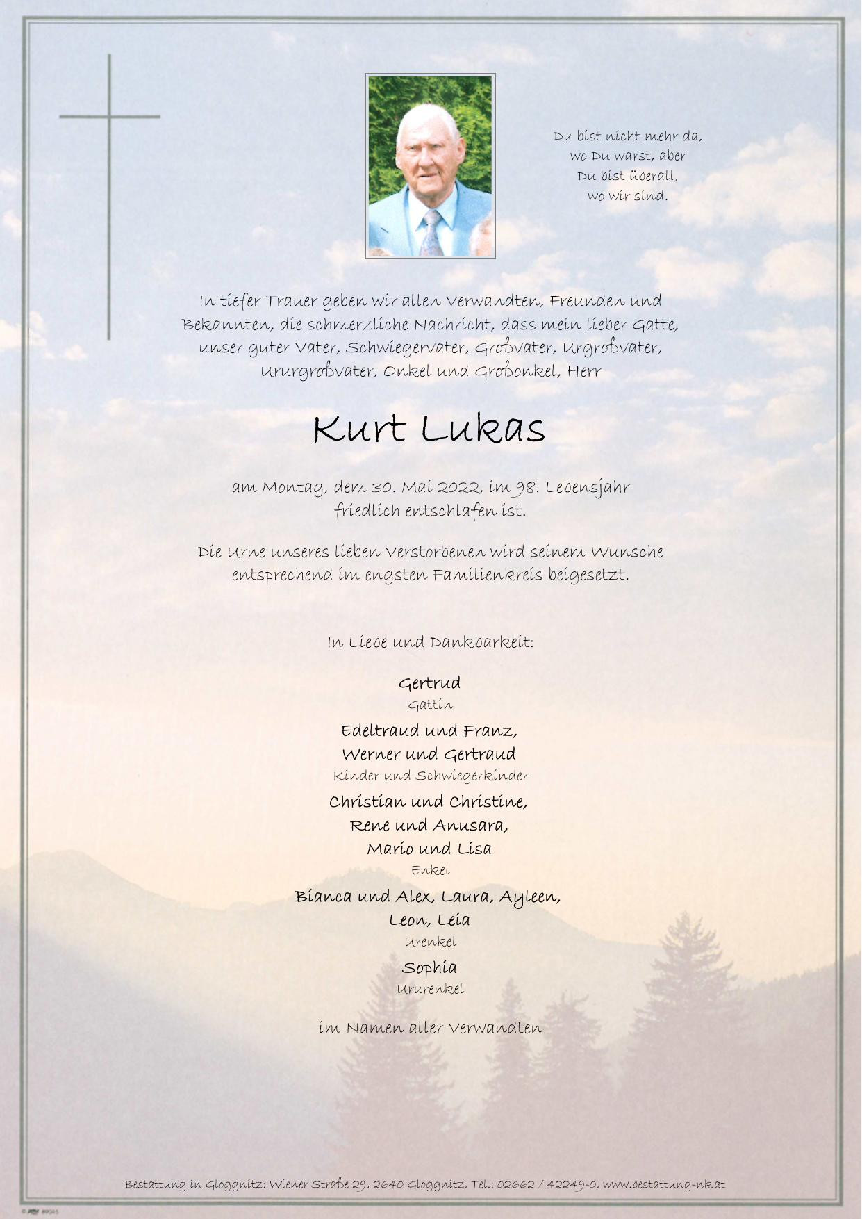 Traueranzeige von Lukas Kurt