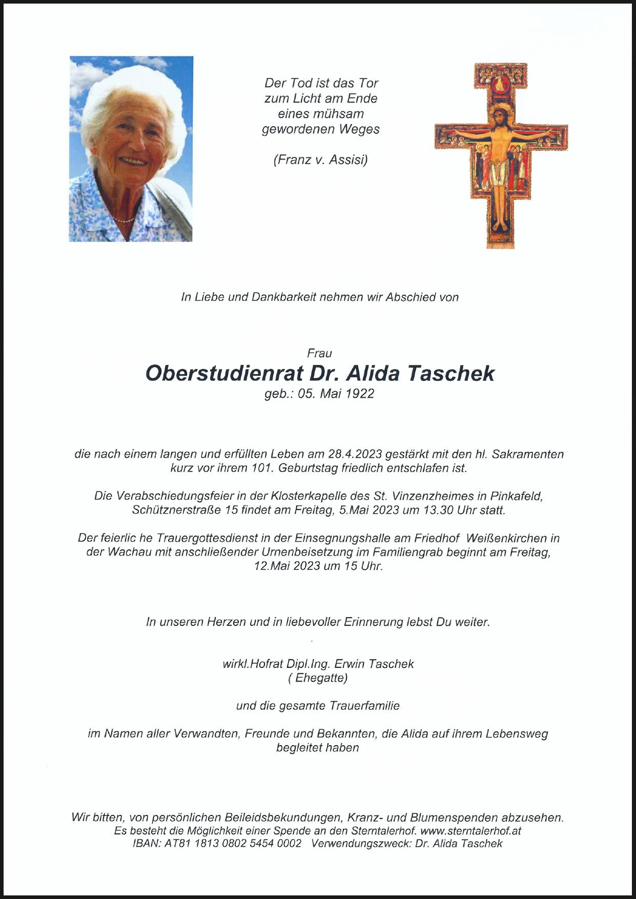Traueranzeige von Dr. Alida Taschek