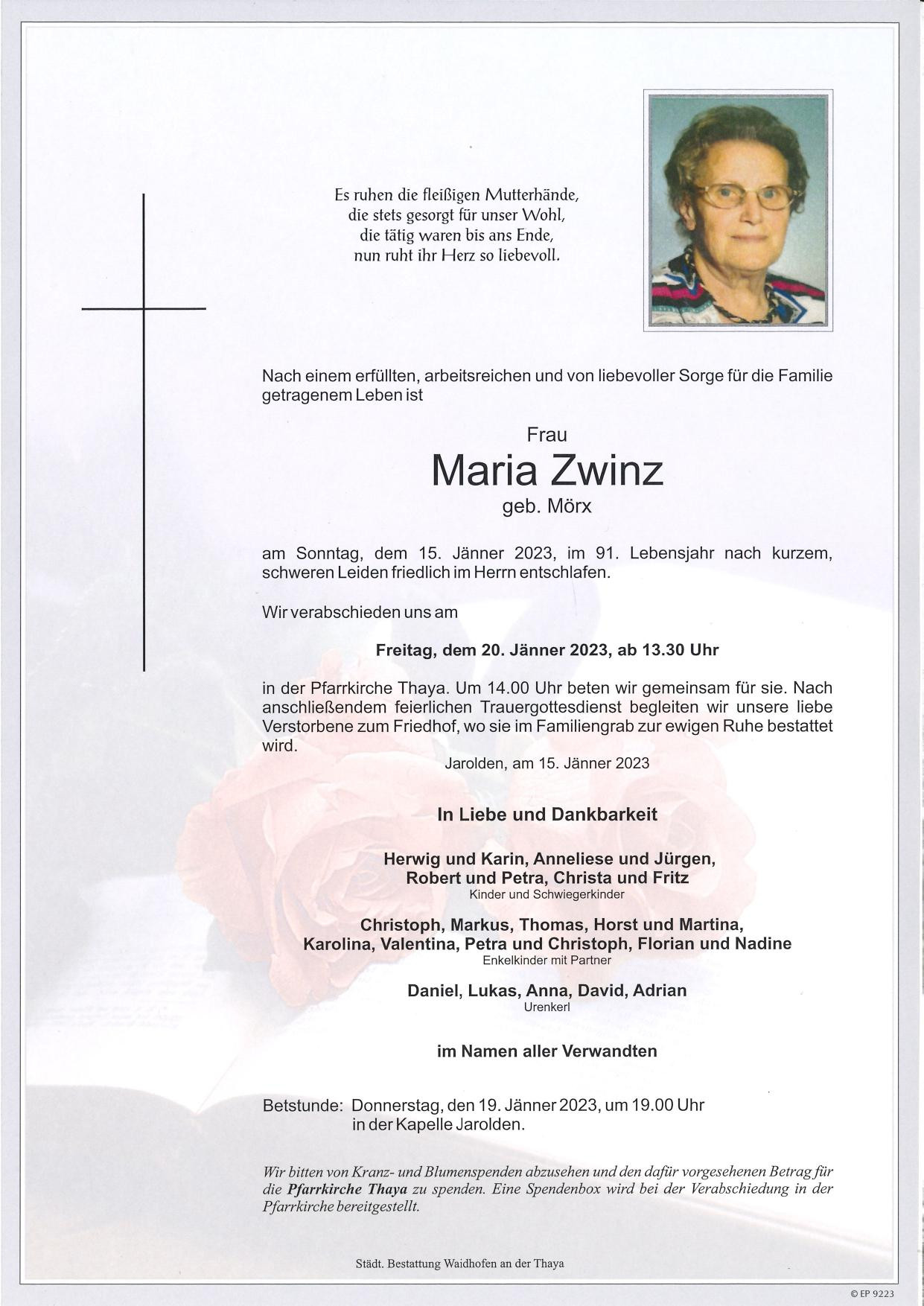 Traueranzeige von Maria Zwinz