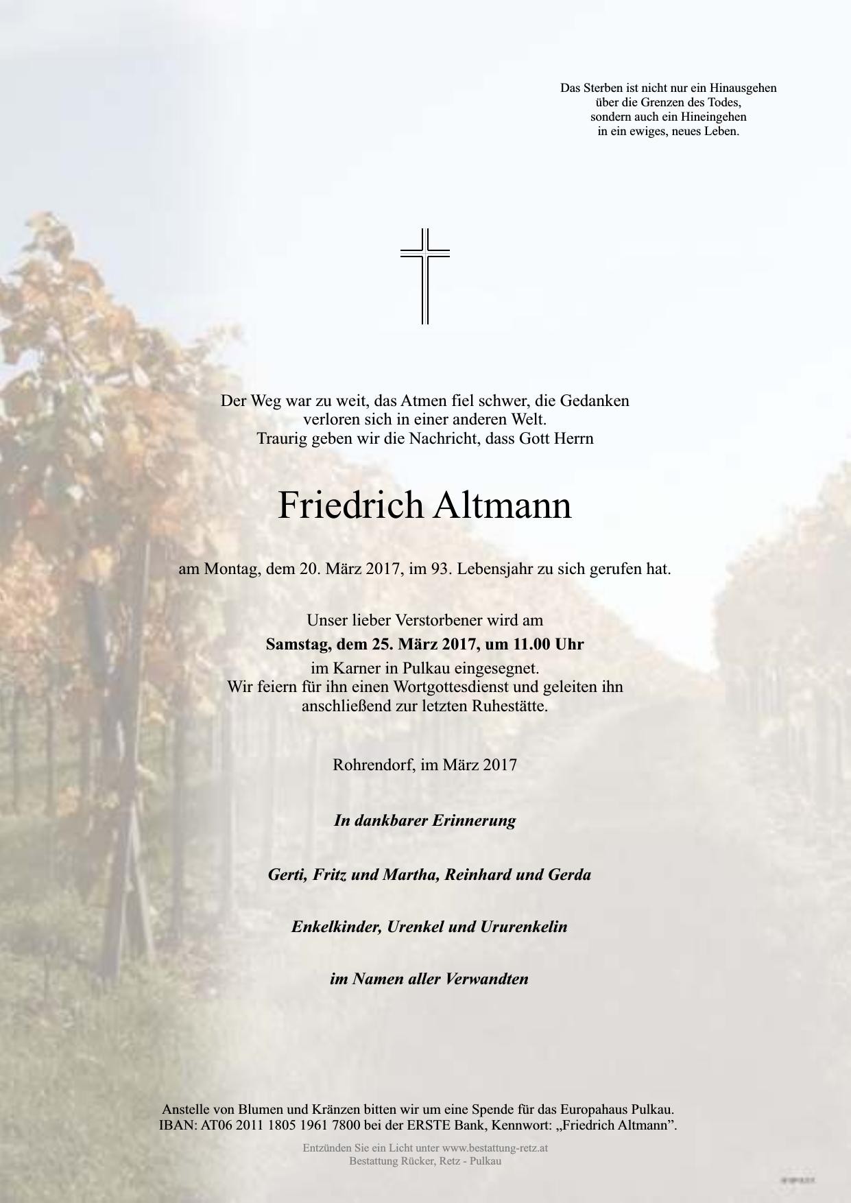 Traueranzeige von Friedrich Altmann