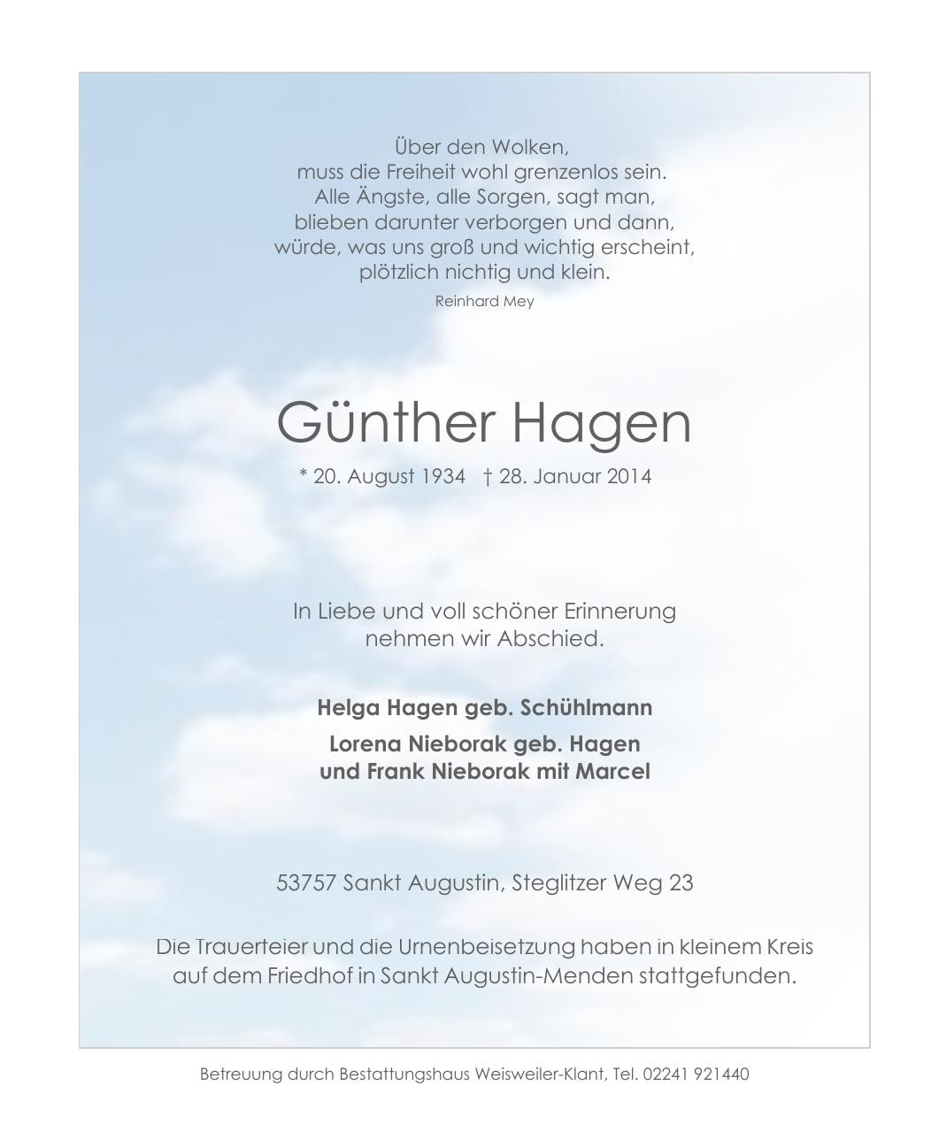 Traueranzeige von Günther Hagen