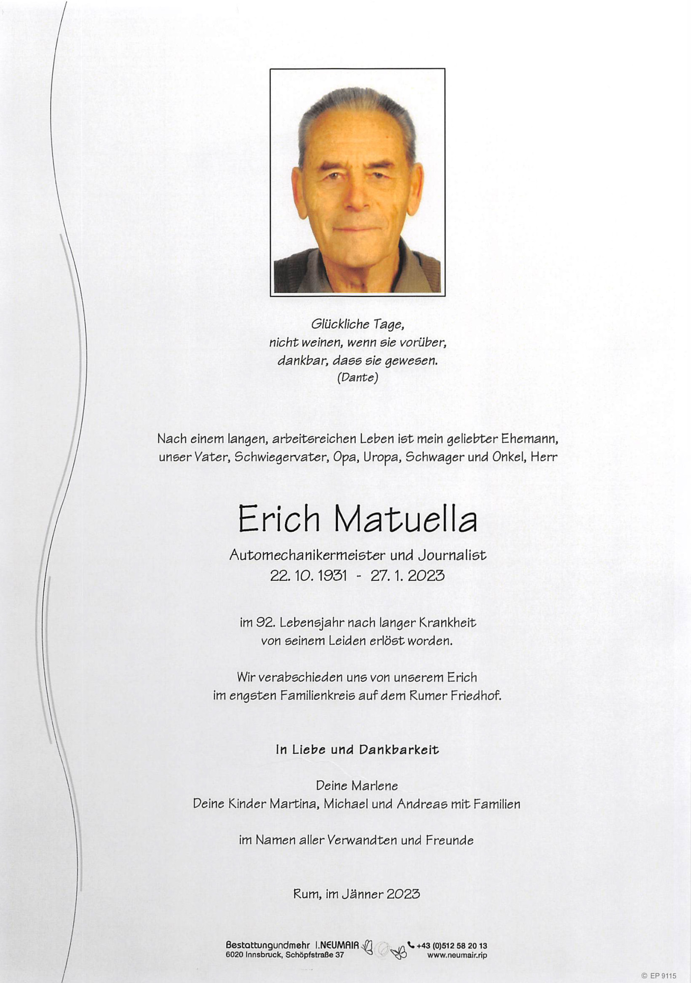 Traueranzeige von Erich Matuella