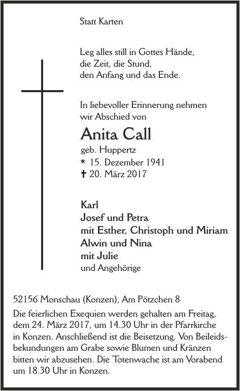 Traueranzeige von Anita Call