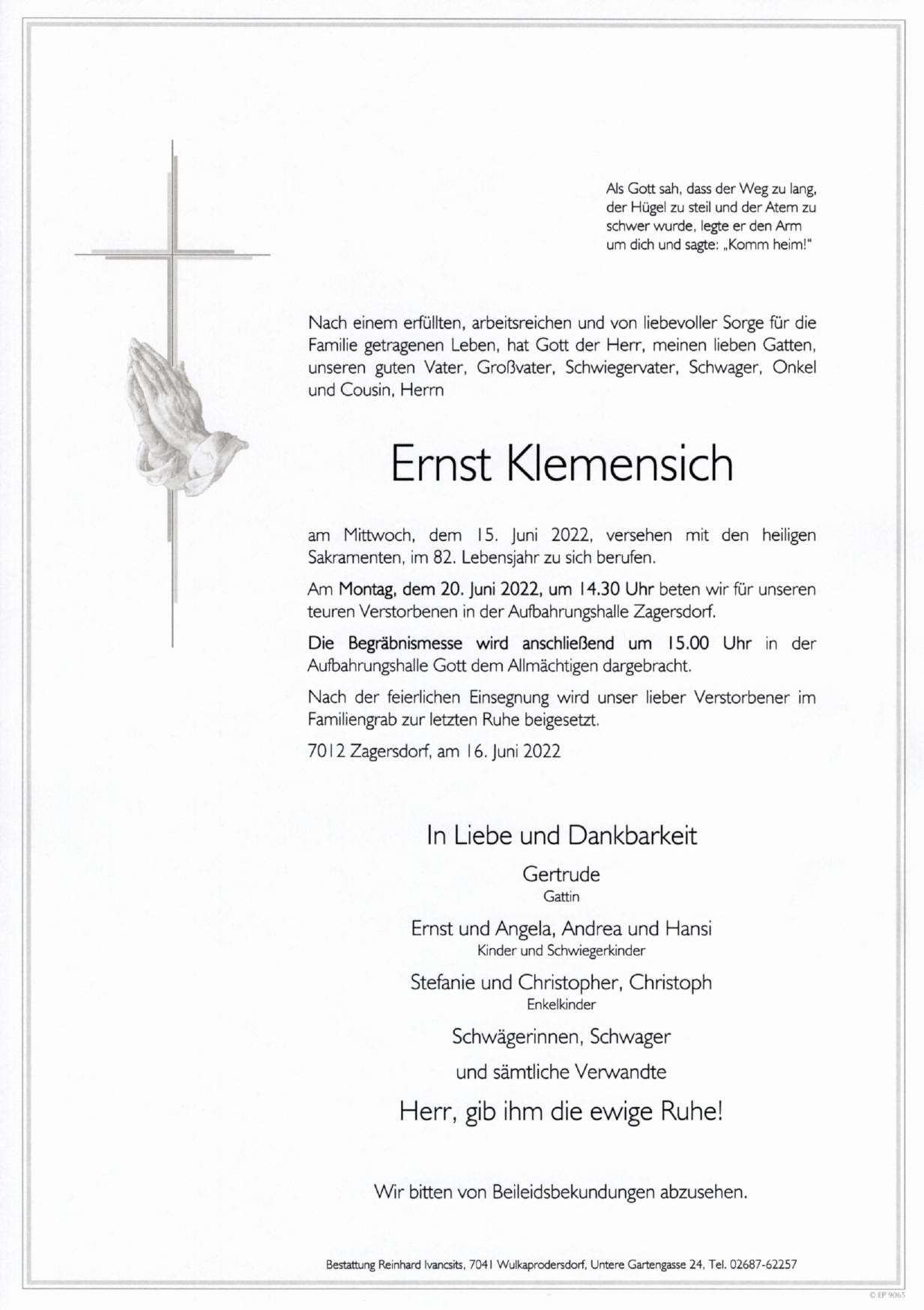 Traueranzeige von Ernst Klemensich