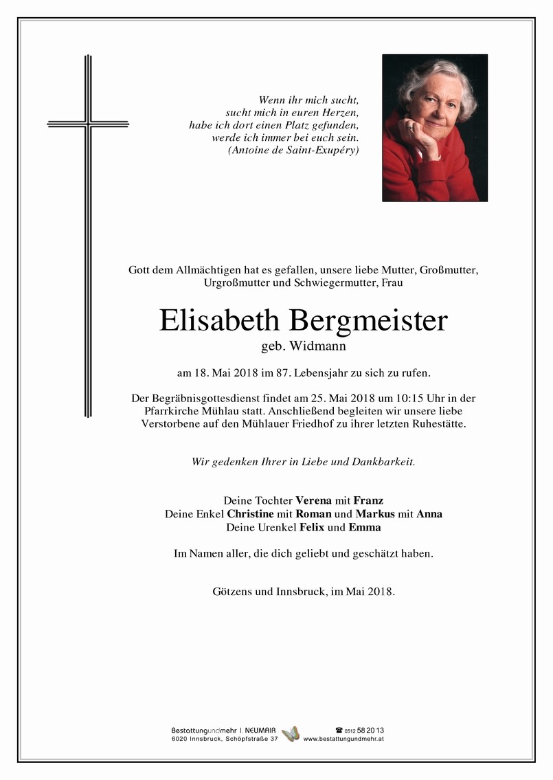 Traueranzeige von Elisabeth Bergmeister