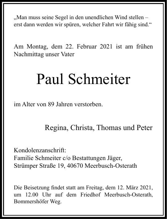 Traueranzeige von Paul Schmeiter