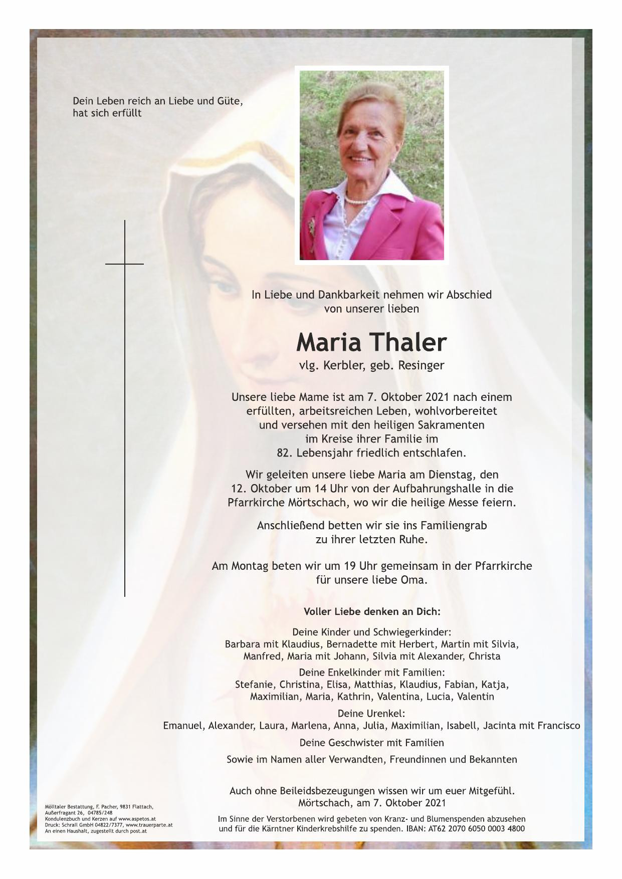 Traueranzeige von Maria Thaler
