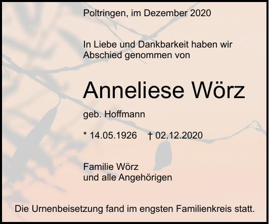 Traueranzeige von Anneliese Wörz