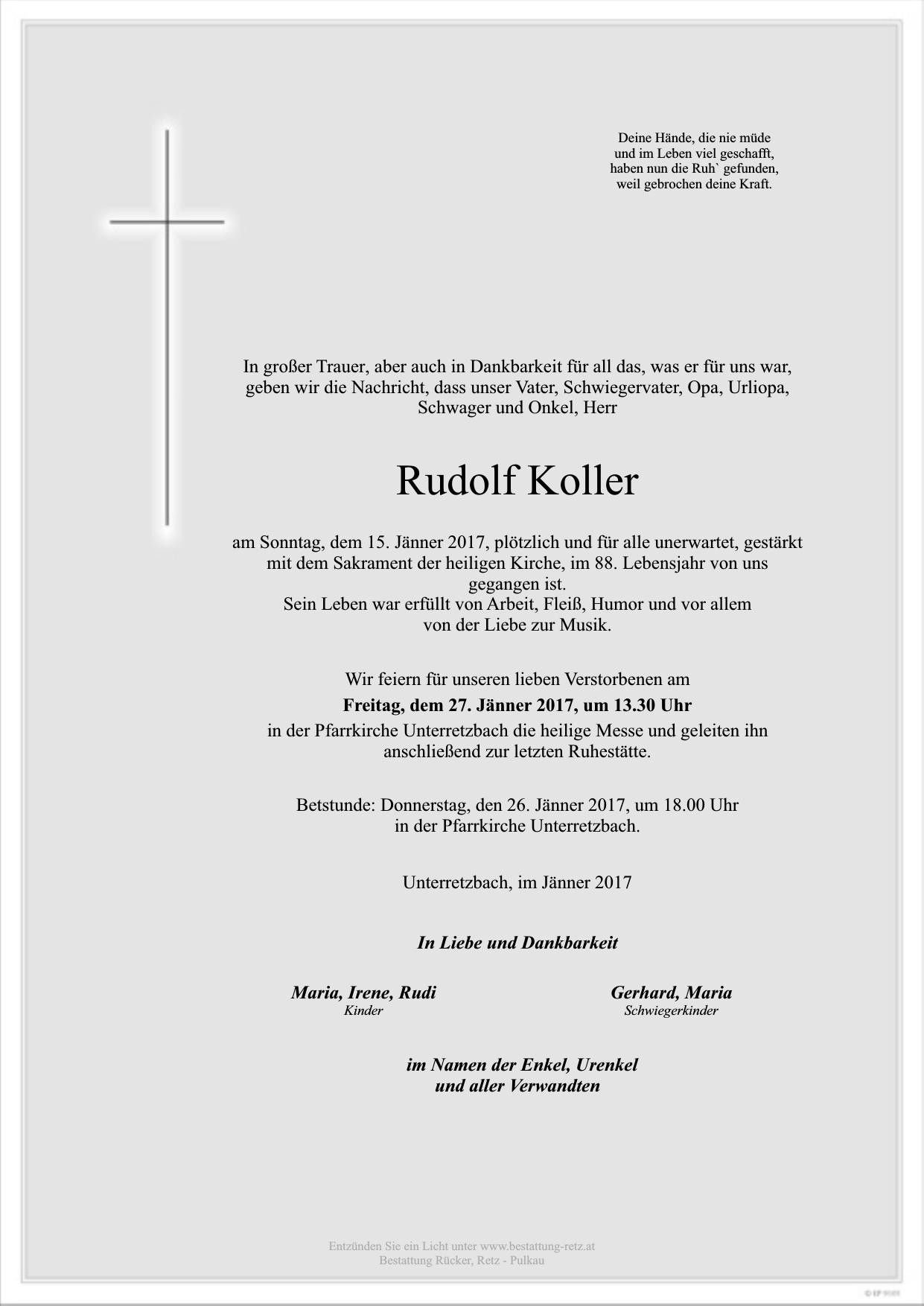 Traueranzeige von Rudolf Koller