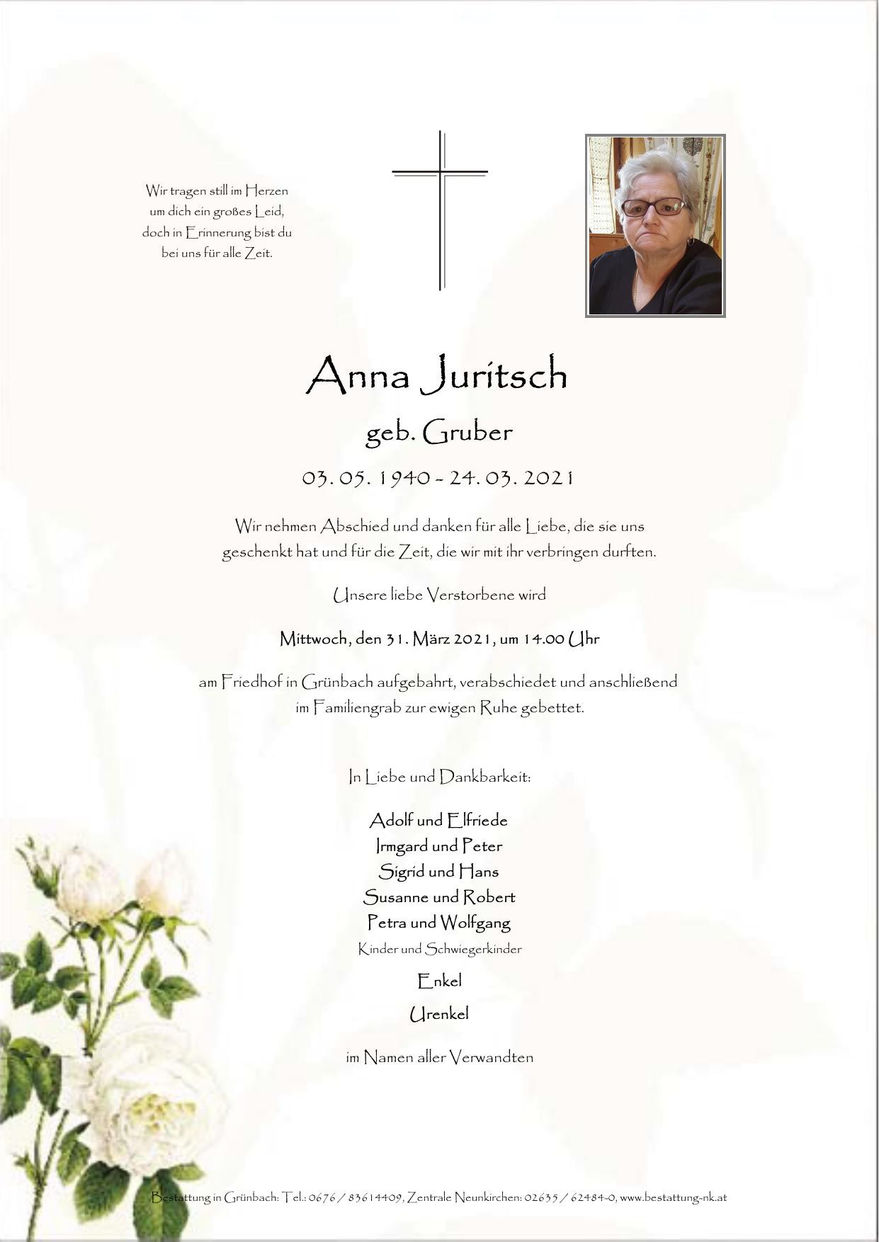 Traueranzeige von Anna Juritsch