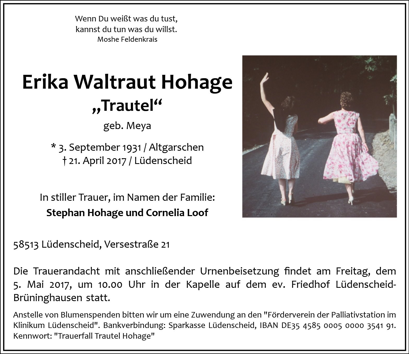 Traueranzeige von Erika Waltraut Hohage