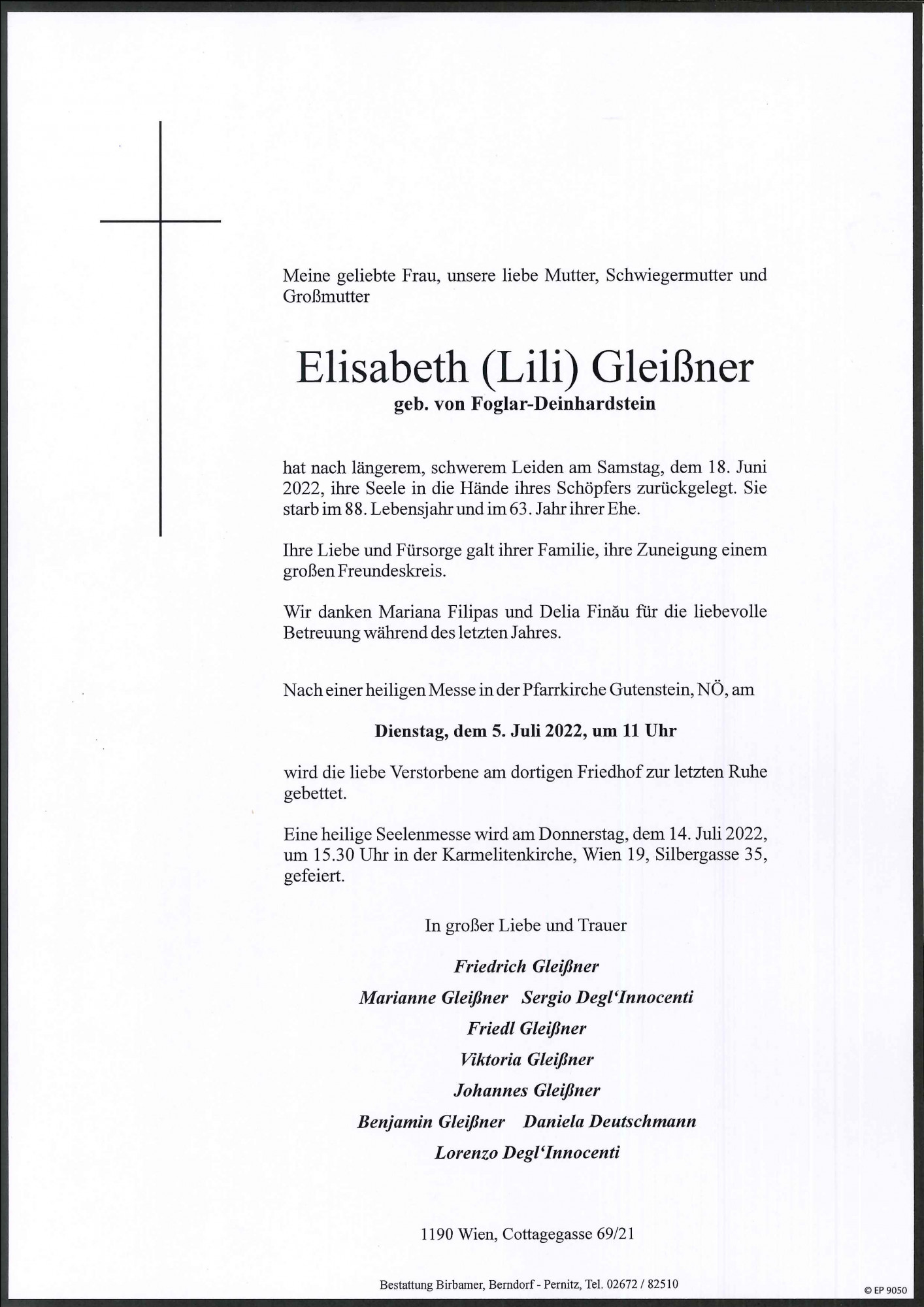 Traueranzeige von Elisabeth Gleißner