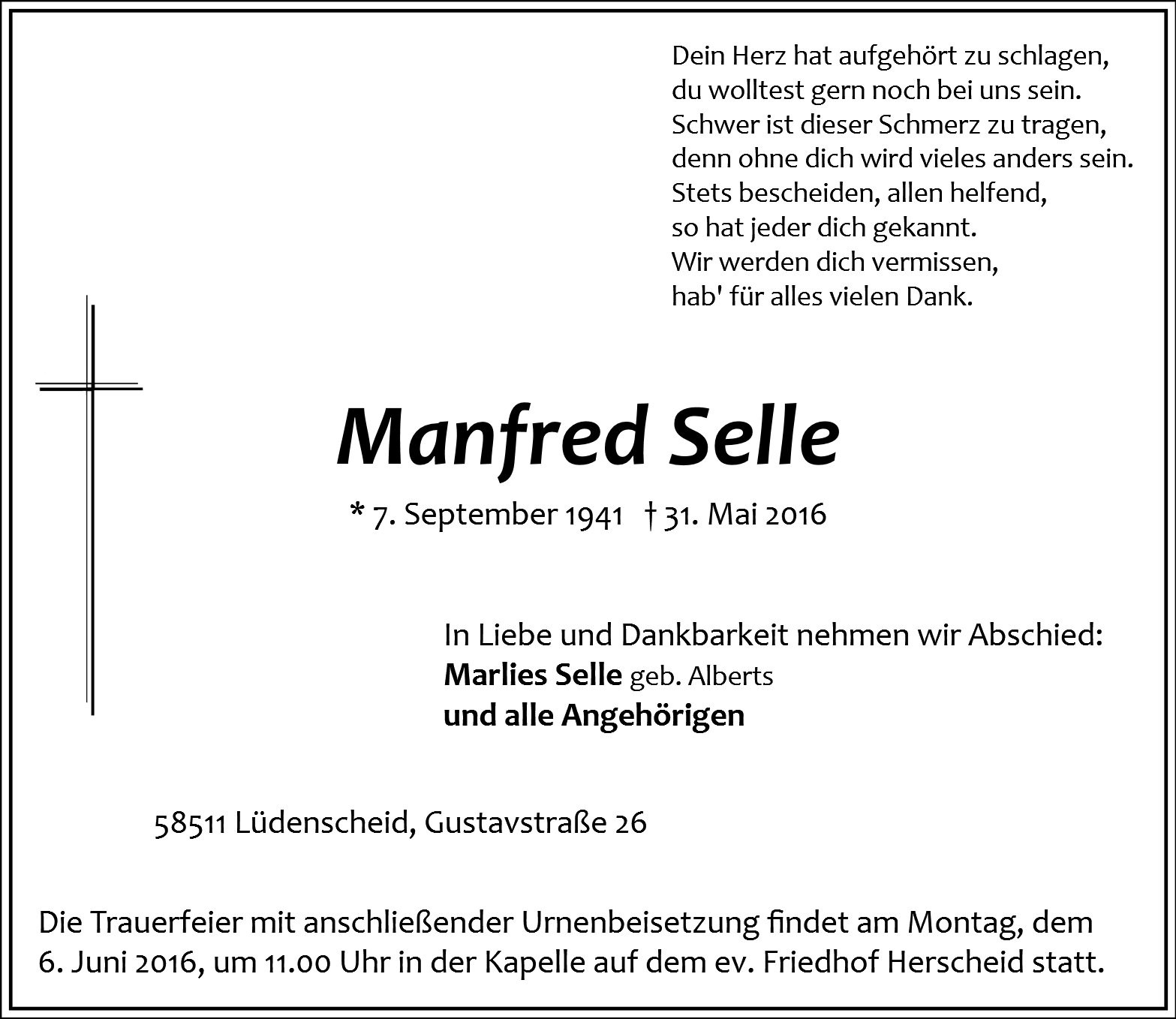 Traueranzeige von Manfred Selle