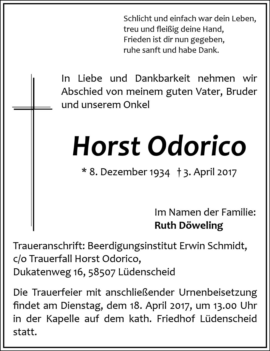 Traueranzeige von Horst Odorico