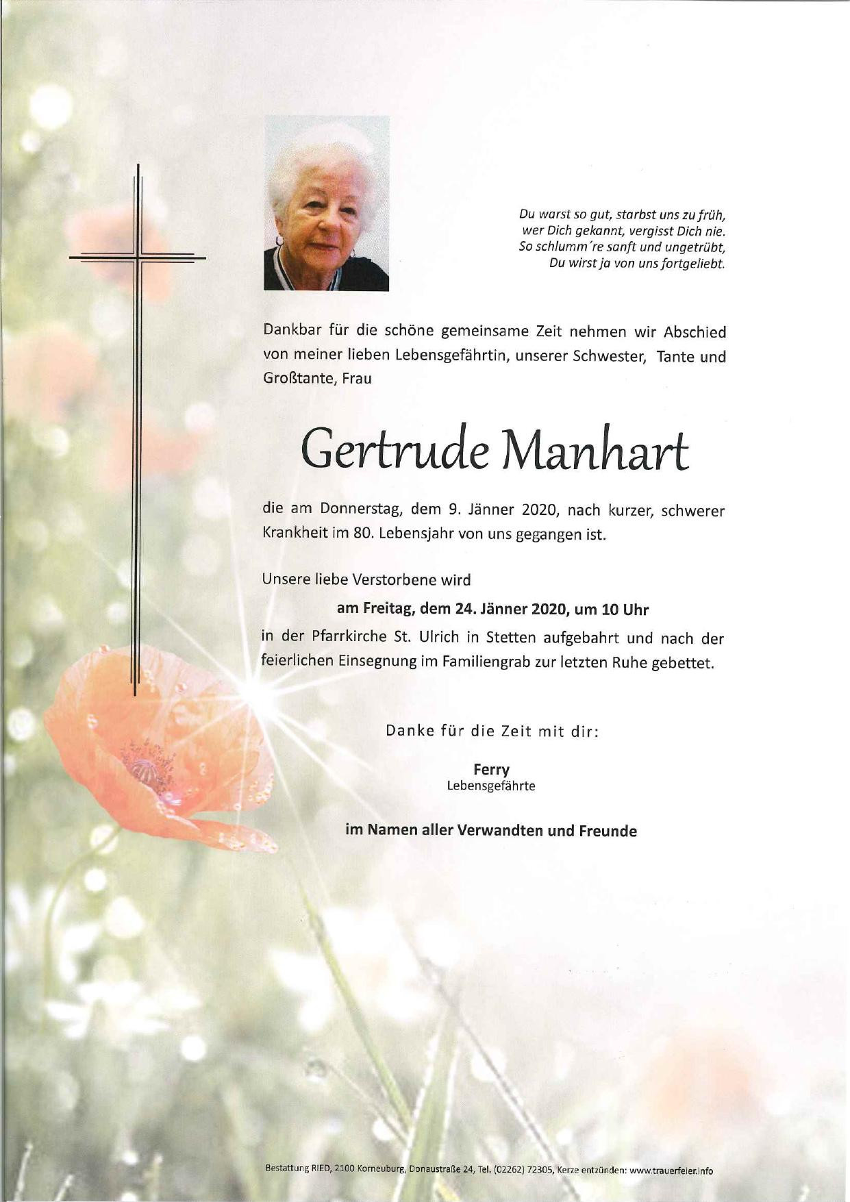 Traueranzeige von Gertrude Manhart
