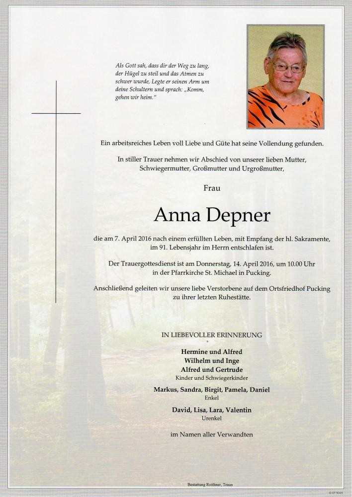Traueranzeige von Anna Depner