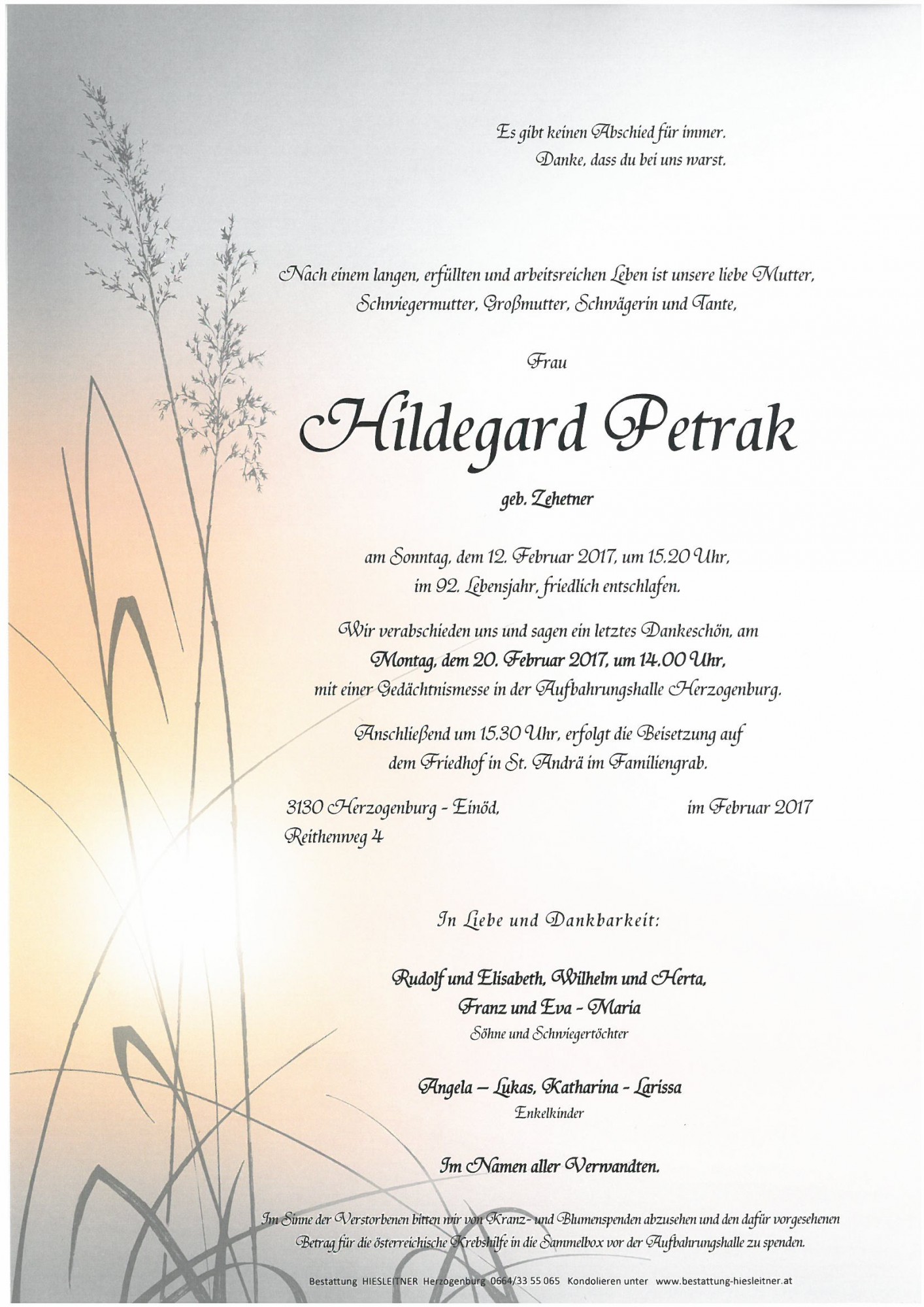 Traueranzeige von Hildegard Petrak