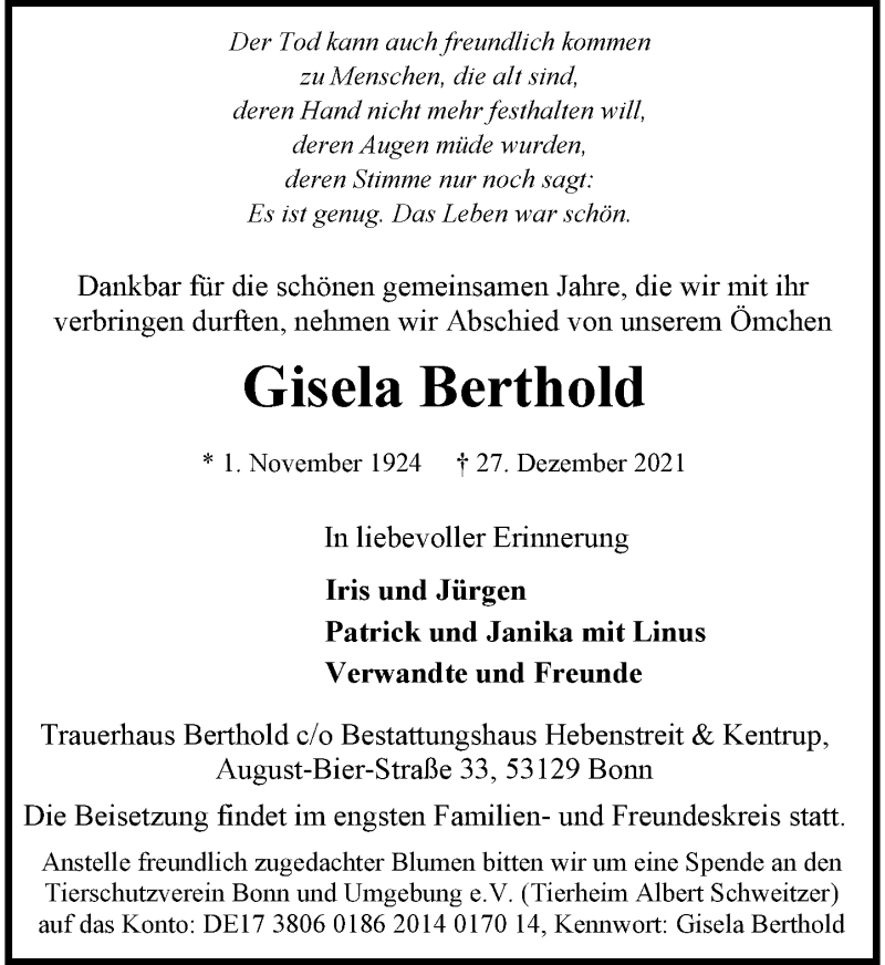 Traueranzeige von Gisela Berthold