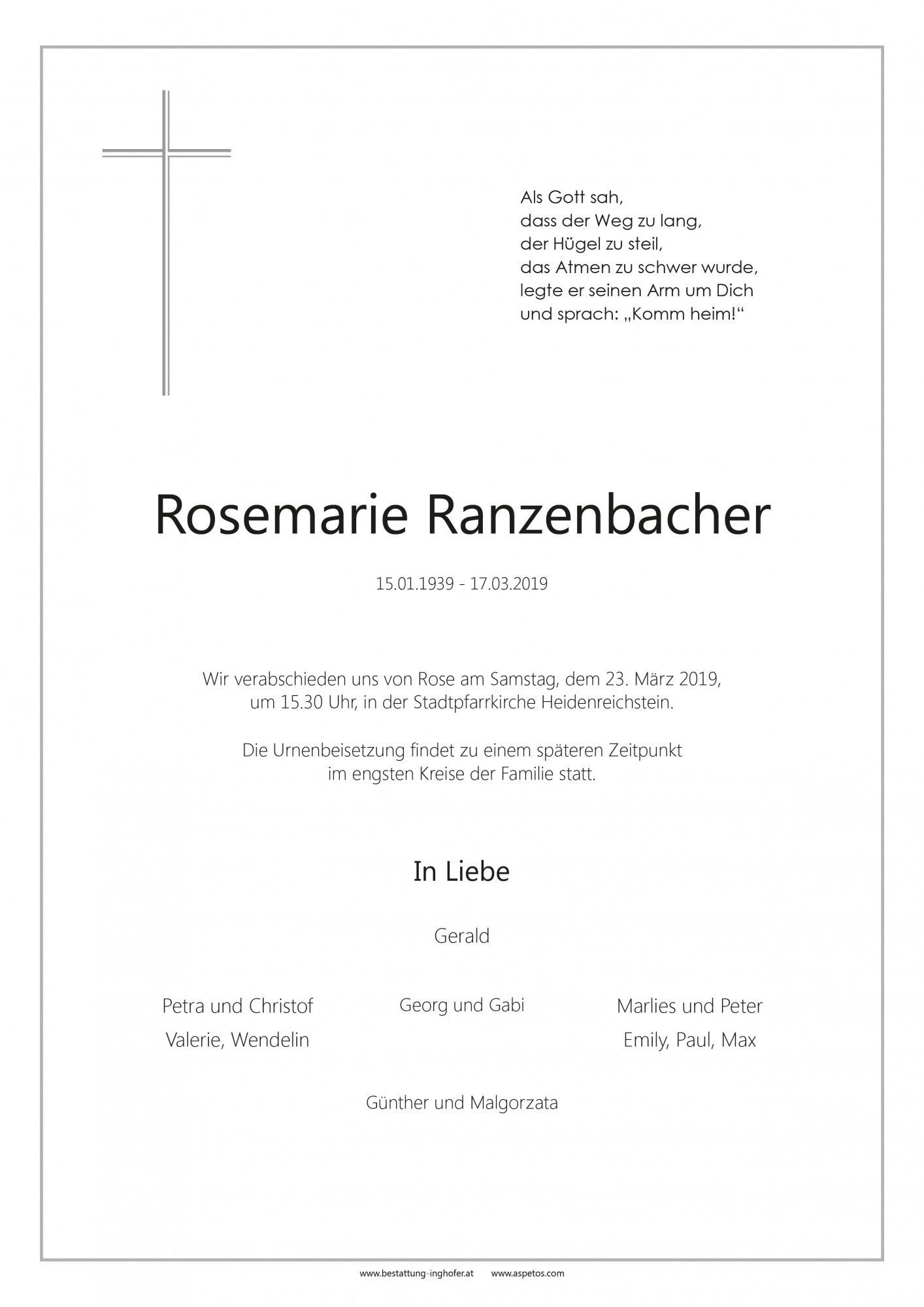 Traueranzeige von Rosemarie Ranzenbacher