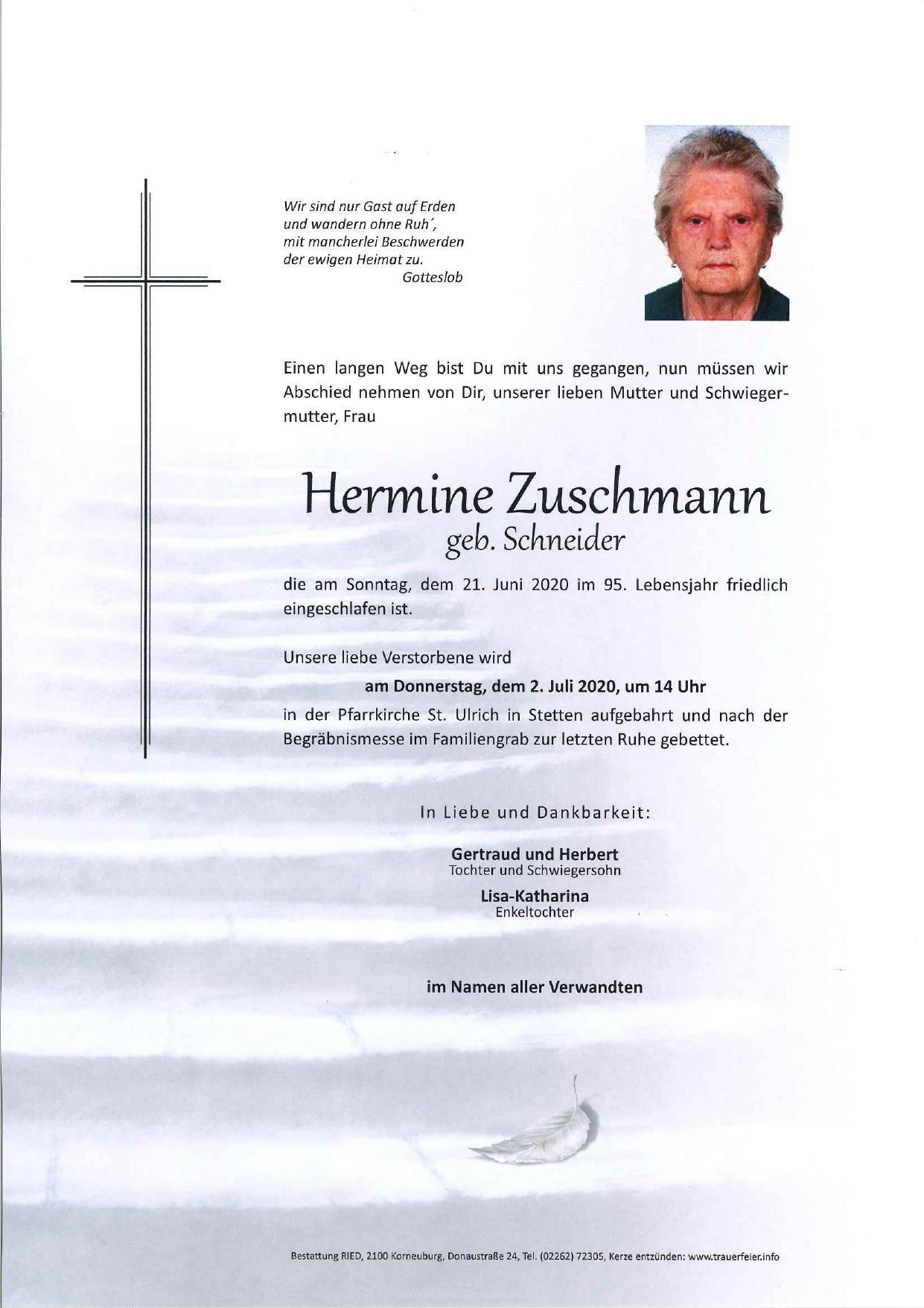 Traueranzeige von Hermine Zuschmann