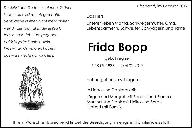 Traueranzeige von Frida Bopp