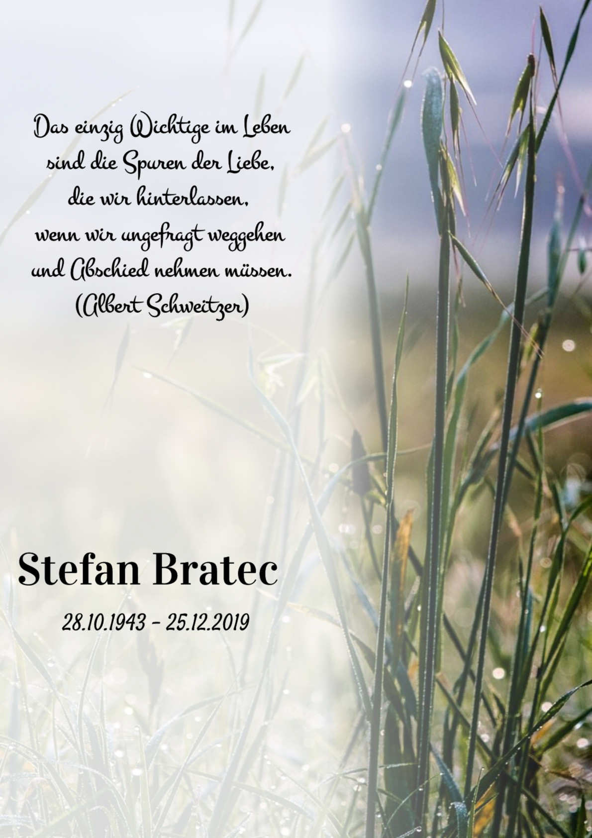 Traueranzeige von Stefan Bratec