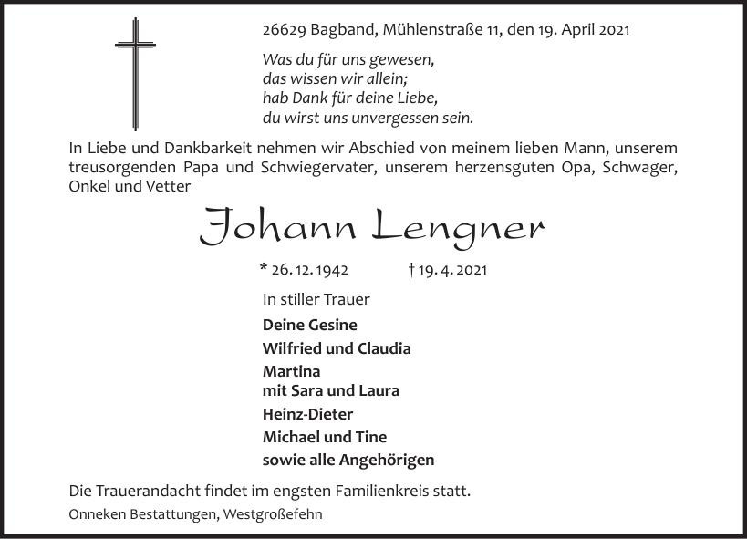 Traueranzeige von Johann Lengner